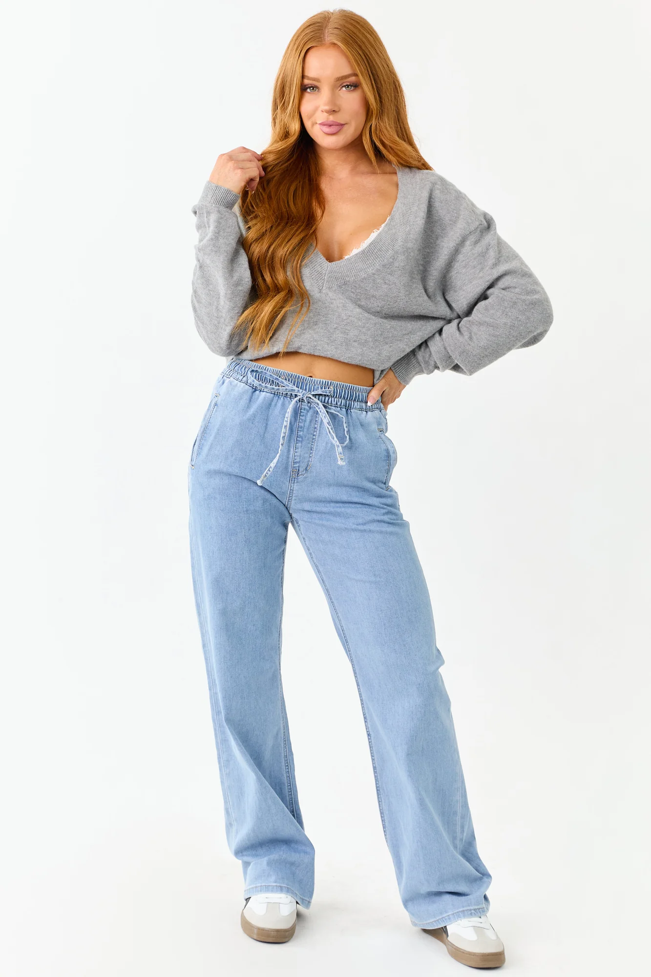 Light Blue Smocked Waist Wide Leg Jeans