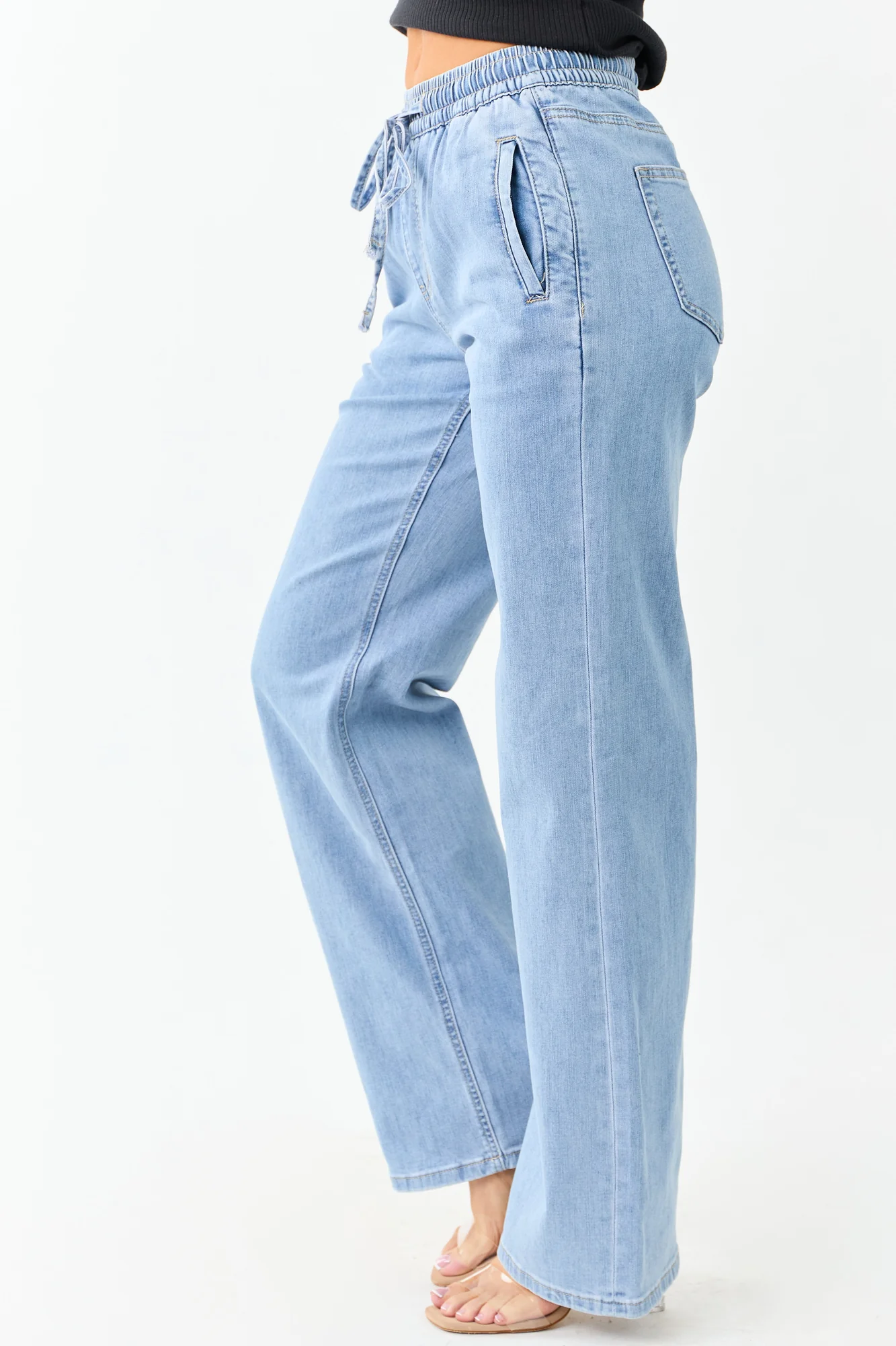 Light Blue Smocked Waist Wide Leg Jeans