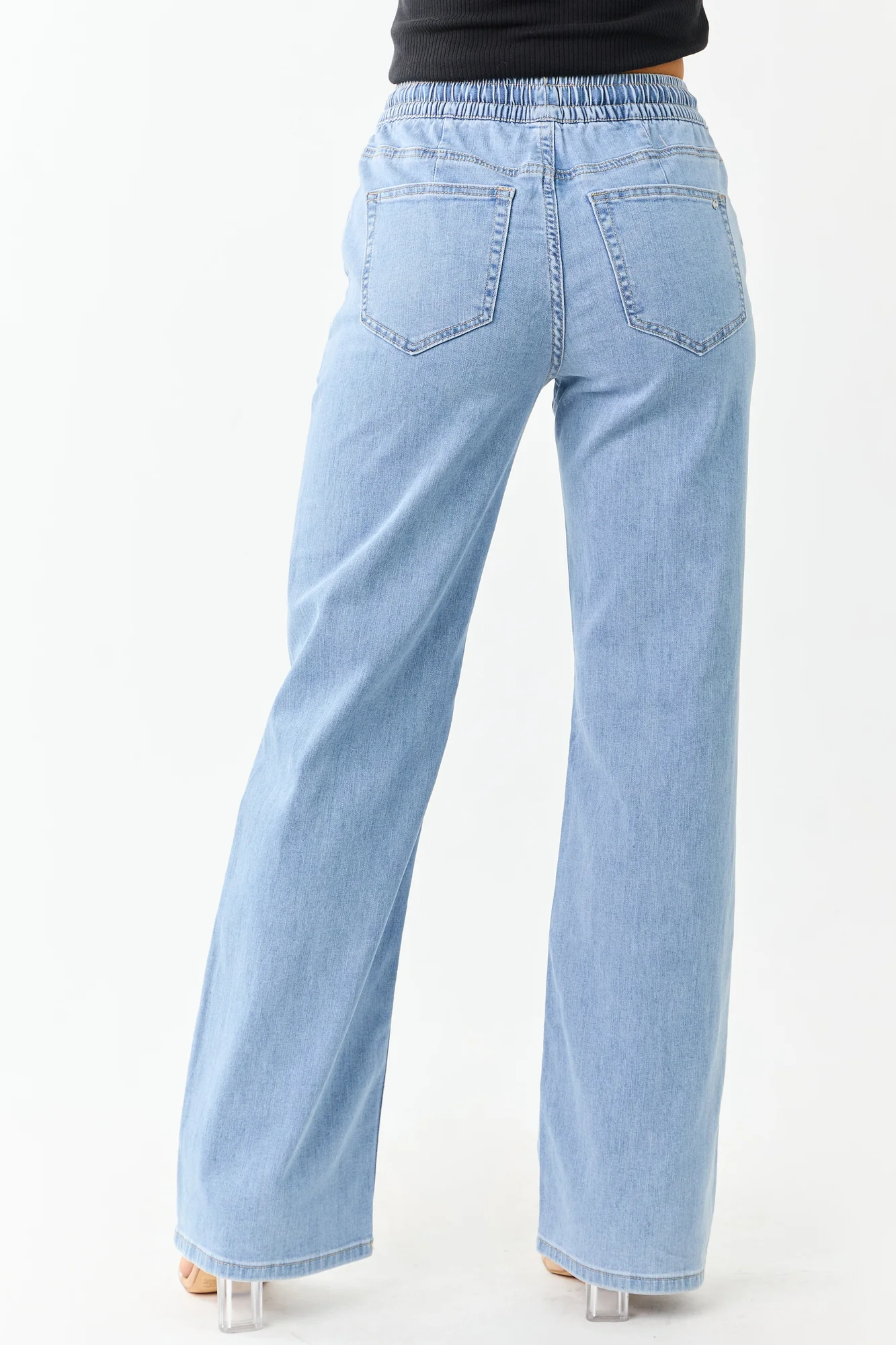 Light Blue Smocked Waist Wide Leg Jeans