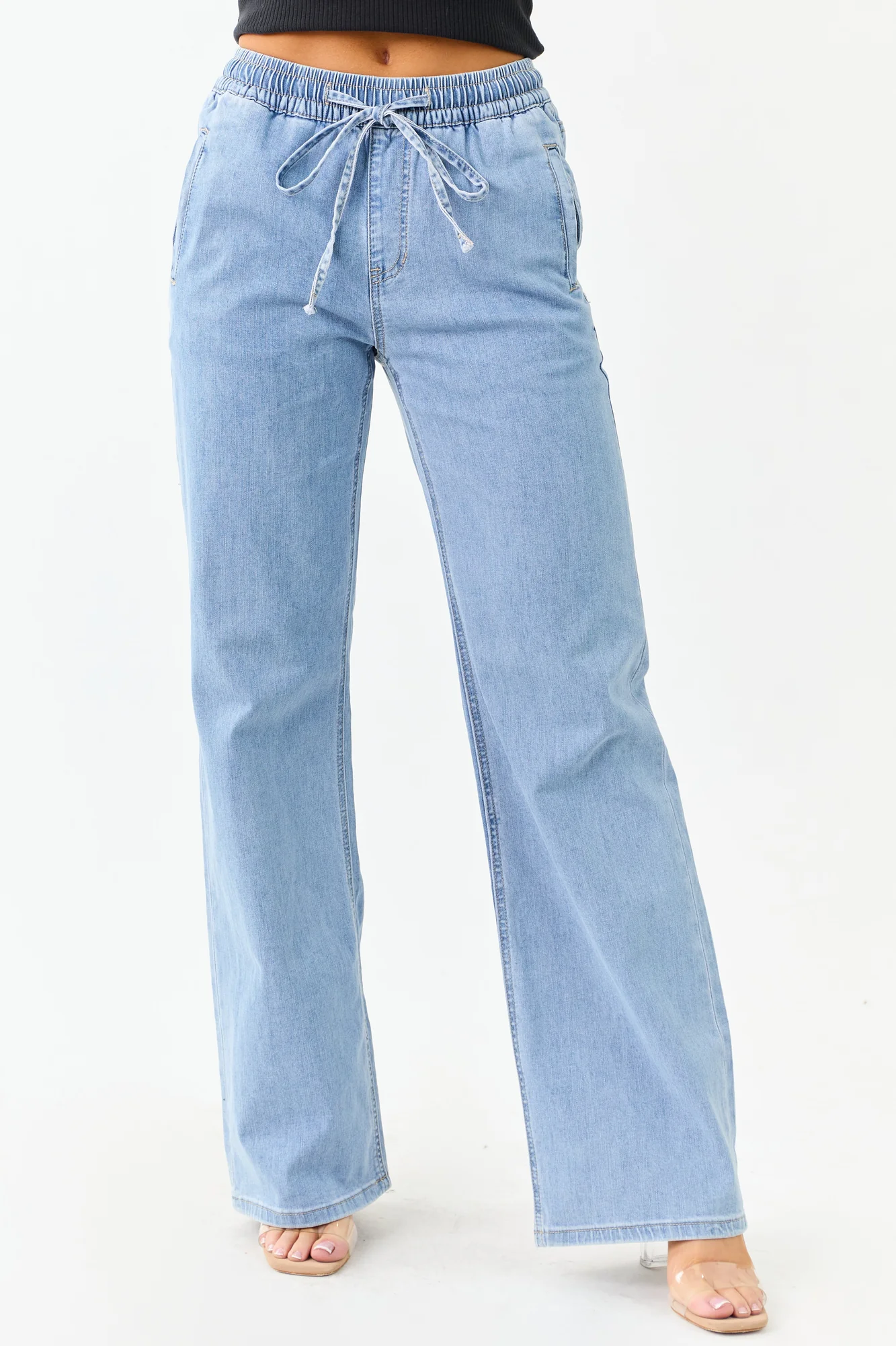 Light Blue Smocked Waist Wide Leg Jeans
