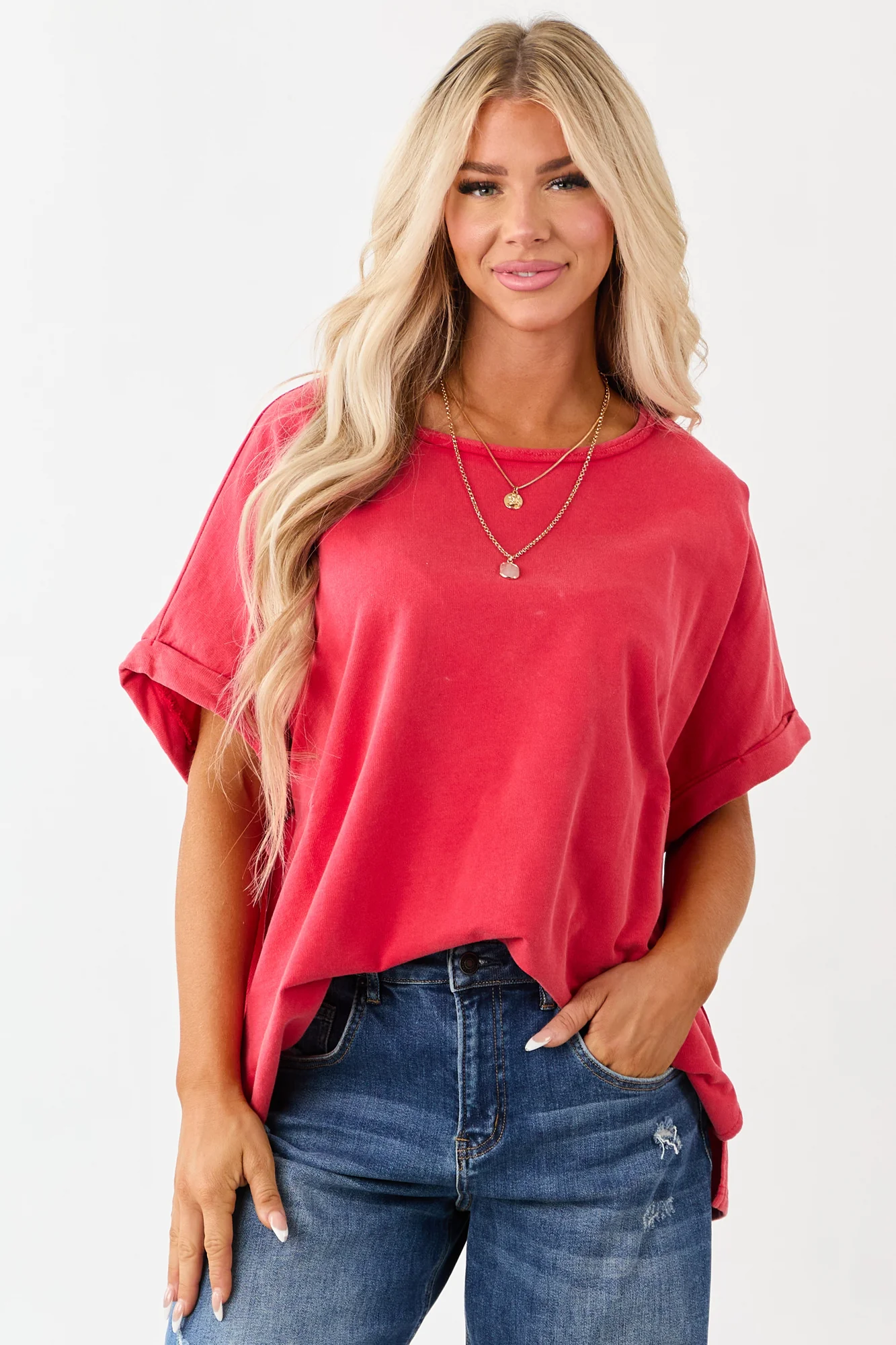 Crimson Cotton Oversized Short Sleeve Top
