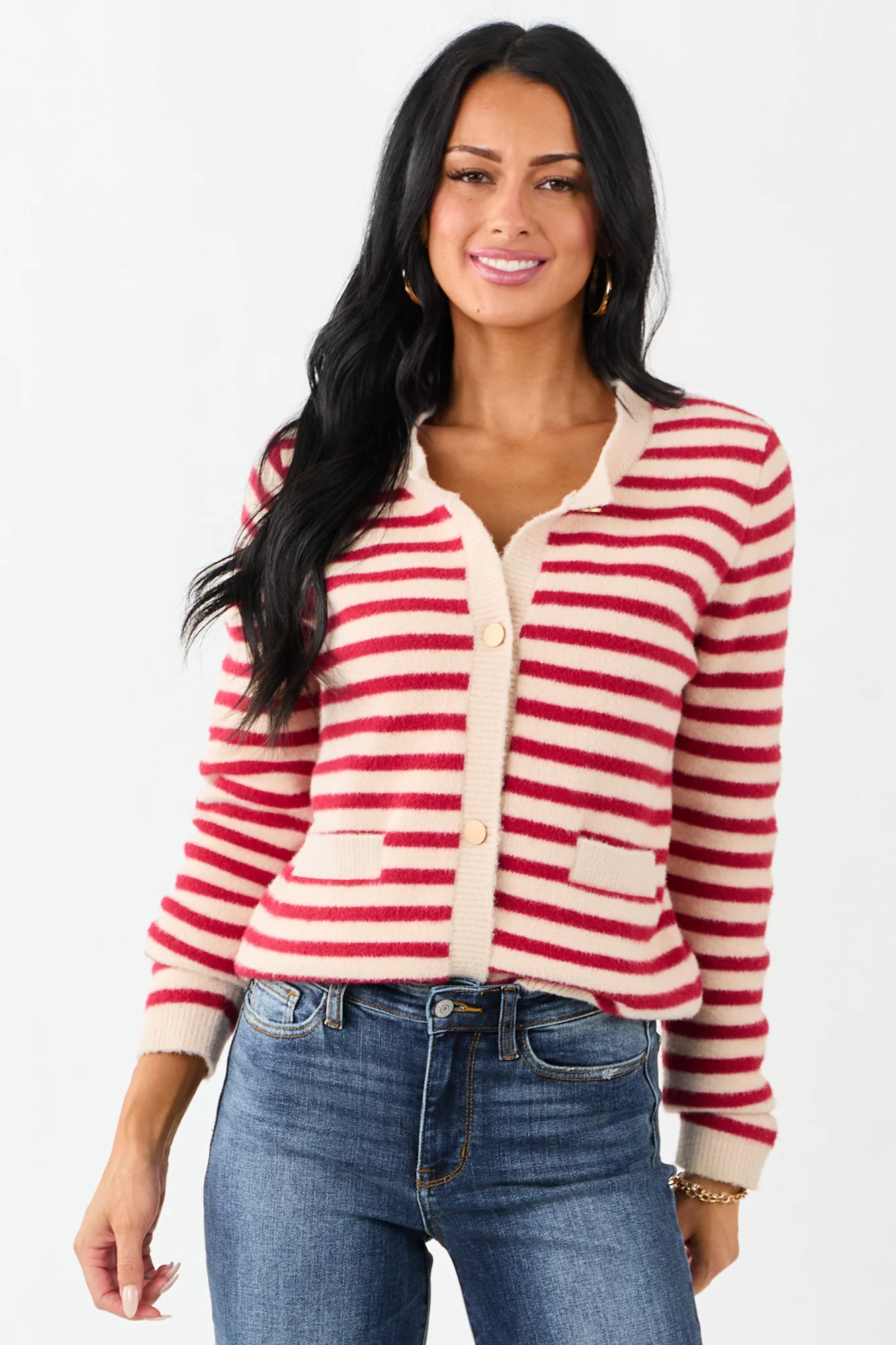 Striped Button Up Red Cardigan with Gold Buttons