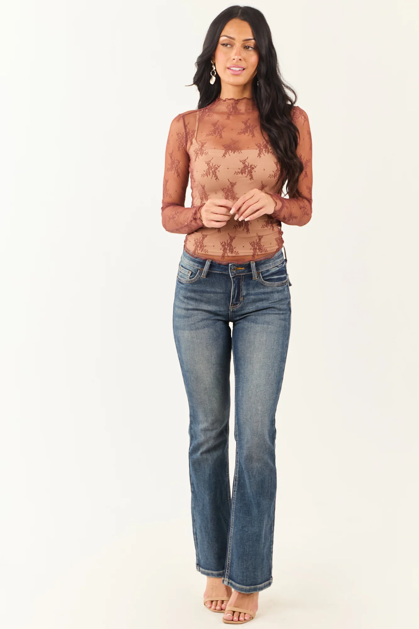 Red Floral Sheer Mesh Lace Top - Mock Neck Long Sleeve