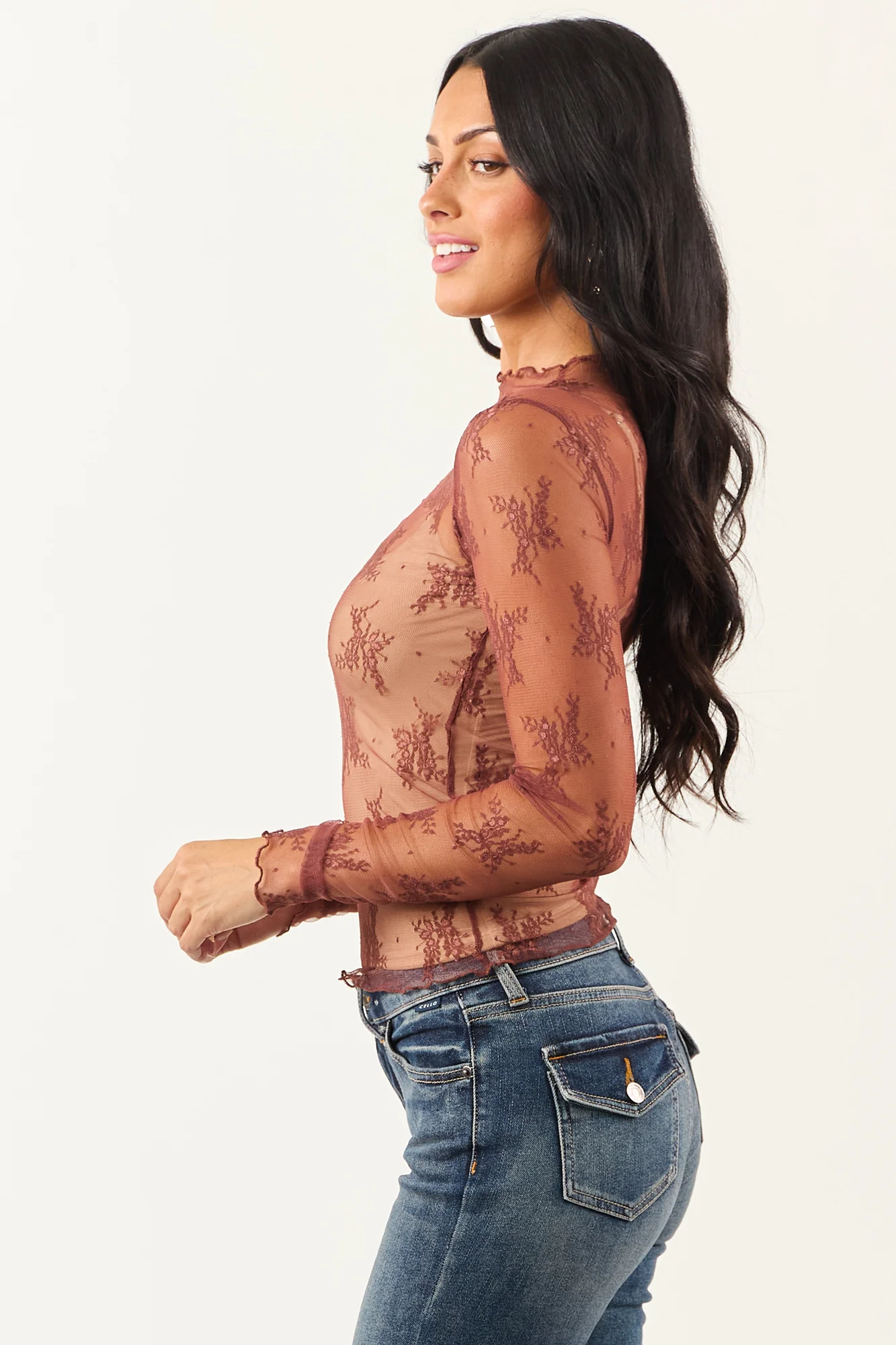 Red Floral Sheer Mesh Lace Top - Mock Neck Long Sleeve