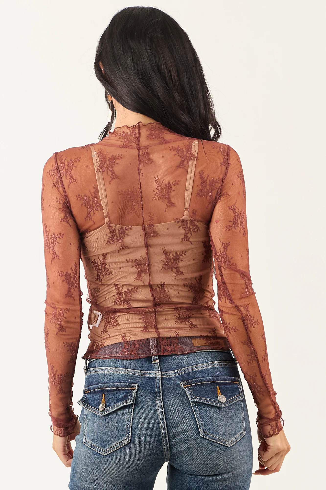 Red Floral Sheer Mesh Lace Top - Mock Neck Long Sleeve