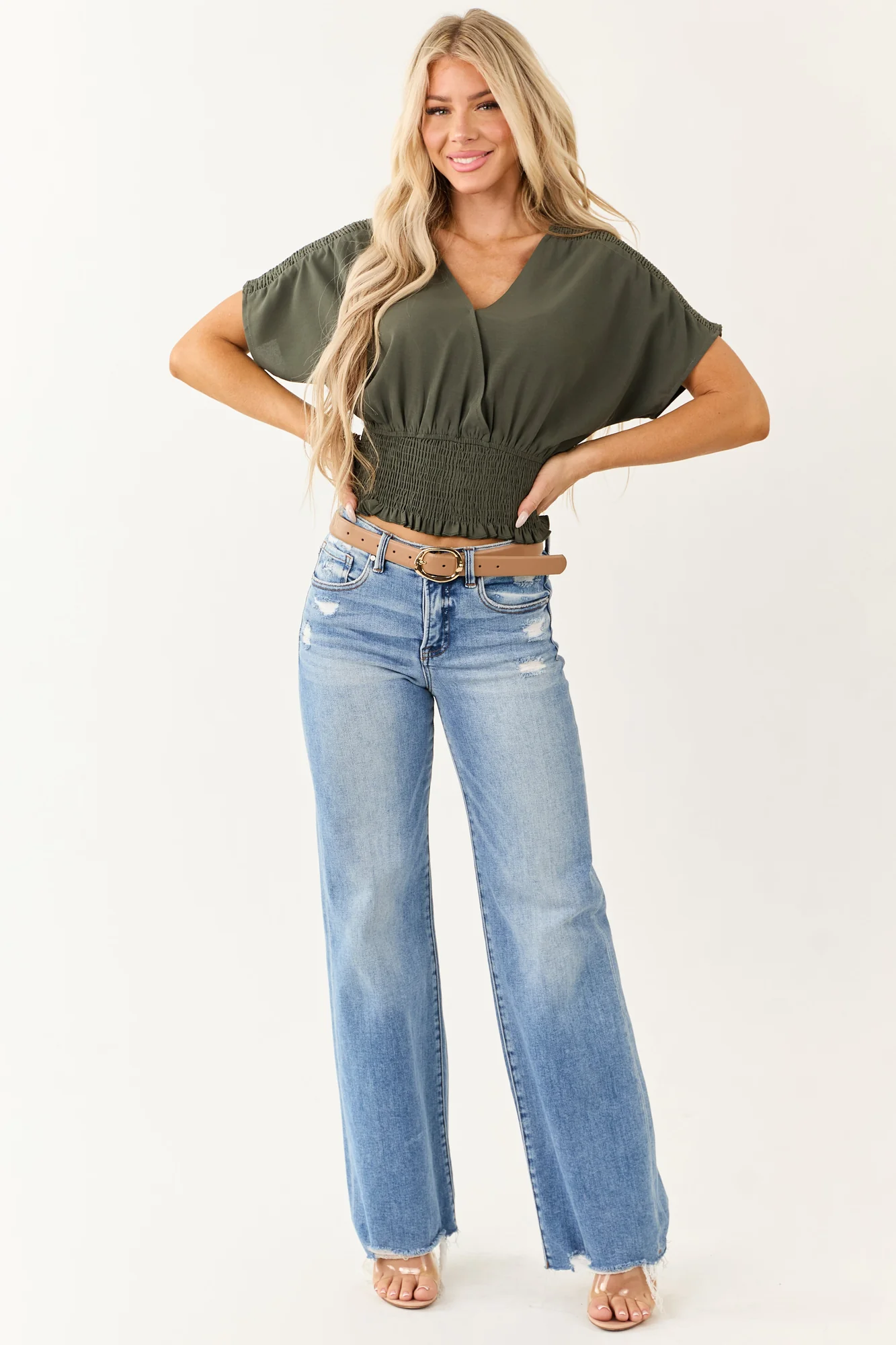 Army Green Smocked V-Neck Surplice Blouse