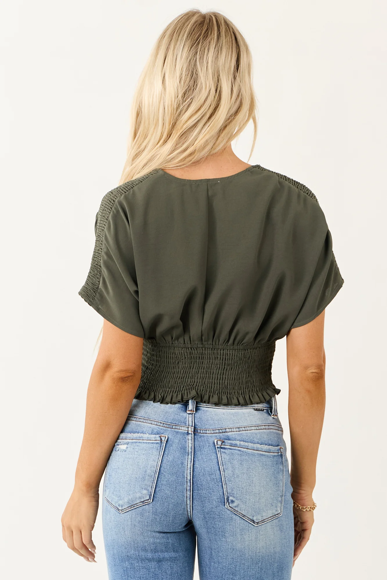 Army Green Smocked V-Neck Surplice Blouse