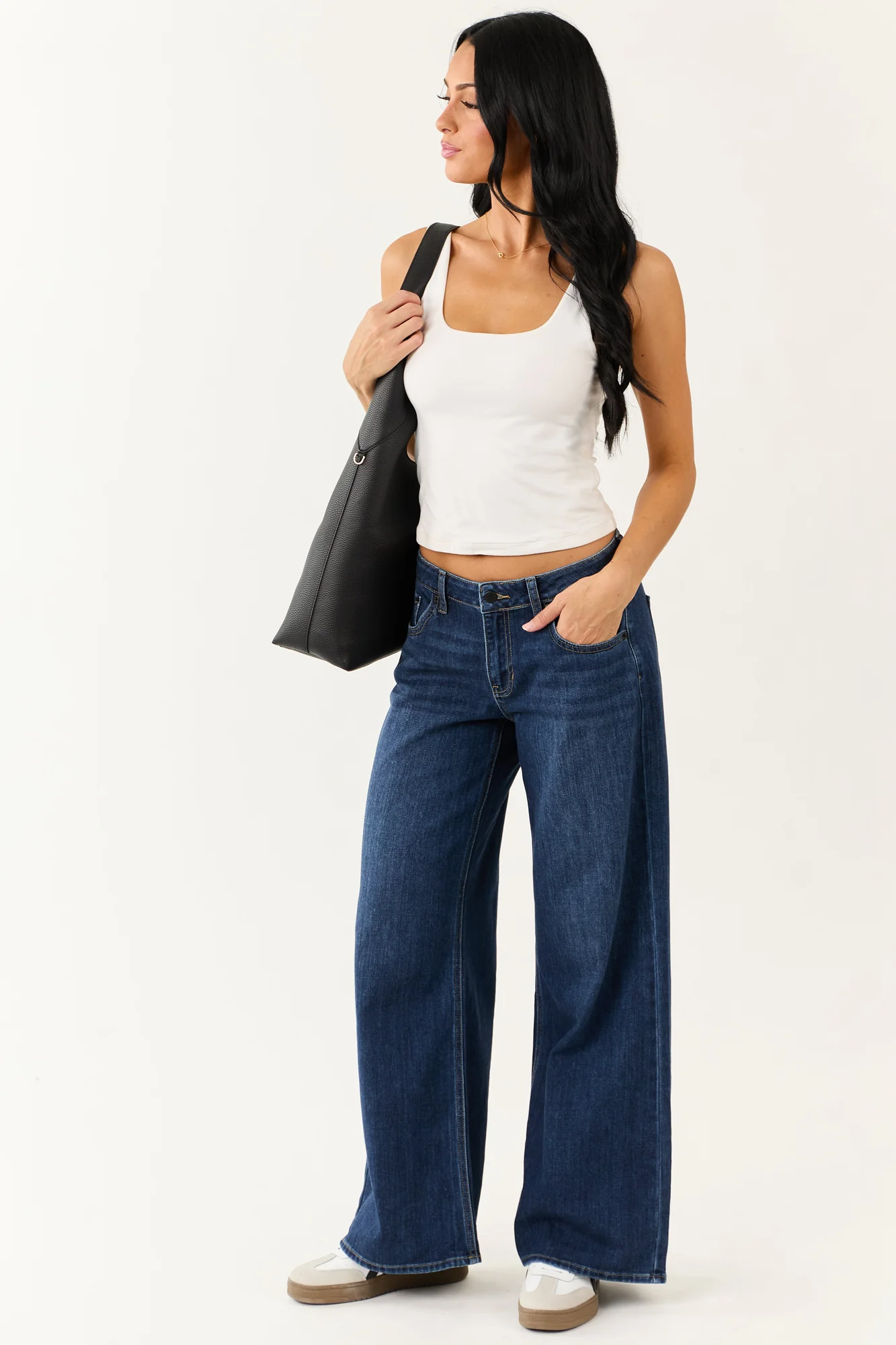 Dark Wash Wide Leg Mid Rise Stretch Jeans in Comfortable Fit