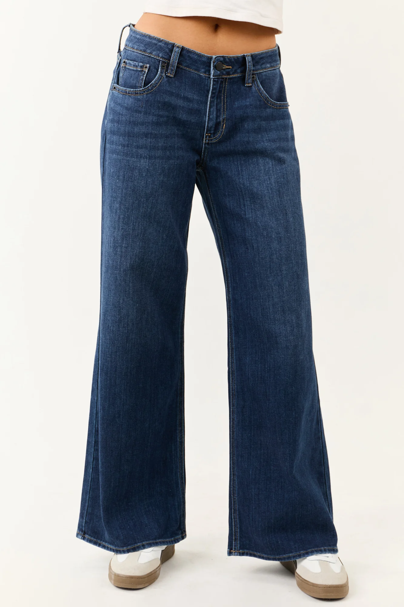 Dark Wash Wide Leg Mid Rise Stretch Jeans in Comfortable Fit