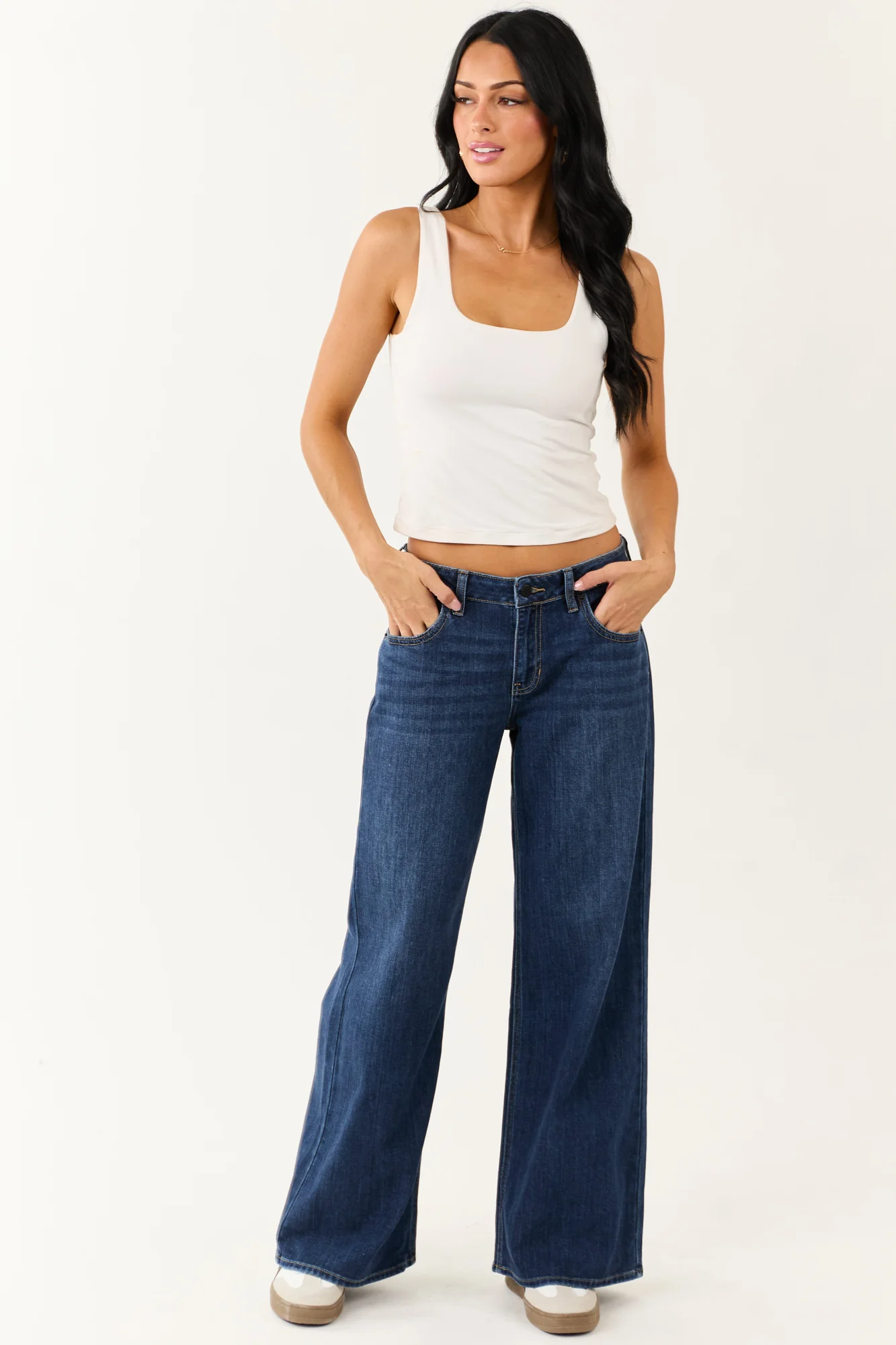 Dark Wash Wide Leg Mid Rise Stretch Jeans in Comfortable Fit