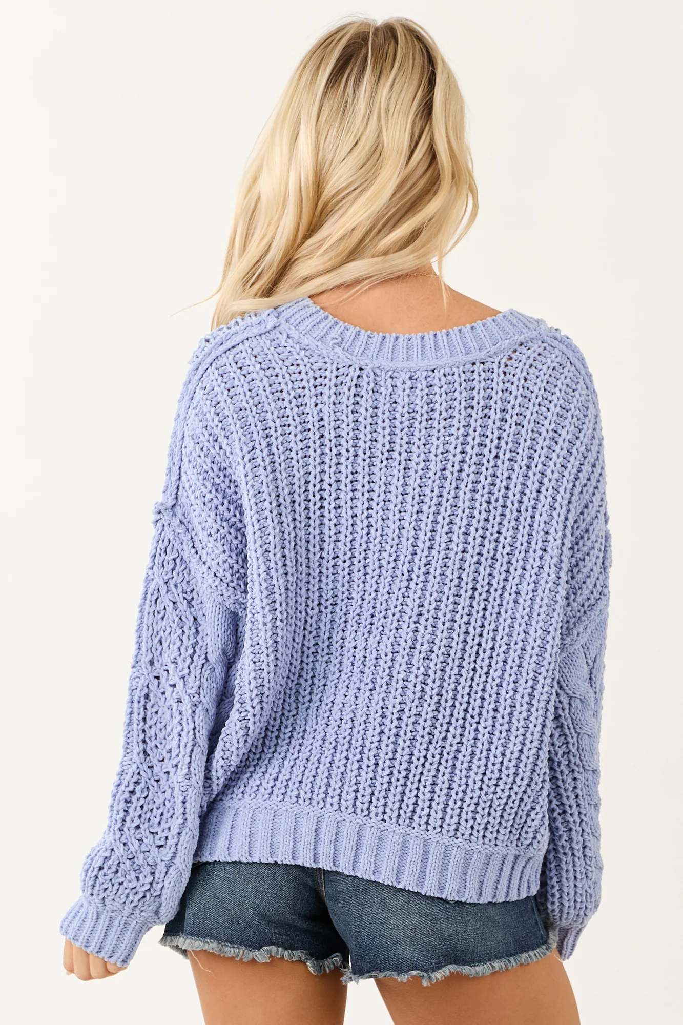 Cornflower Cable Knit Bubble Sleeve Sweater
