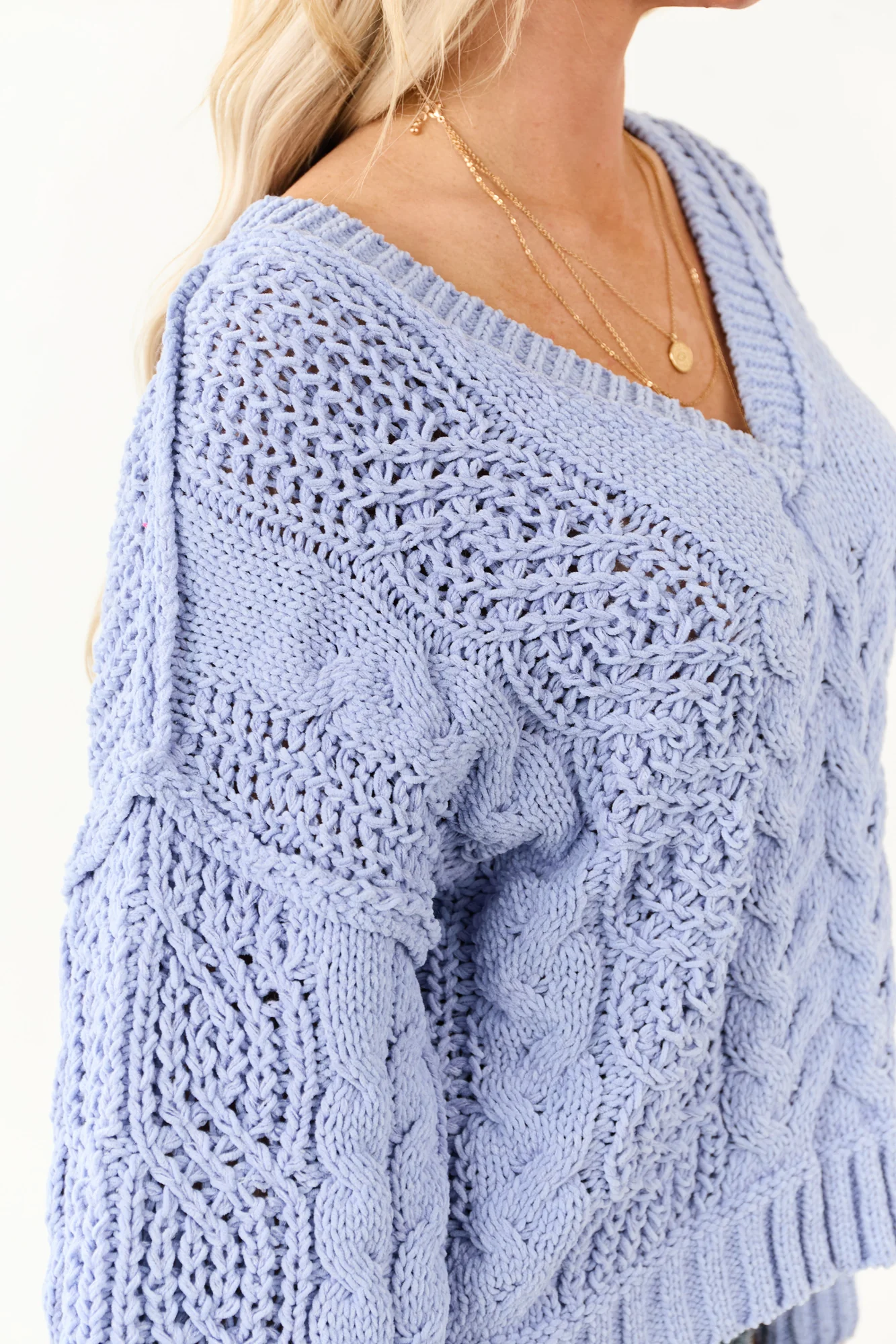 Cornflower Cable Knit Bubble Sleeve Sweater