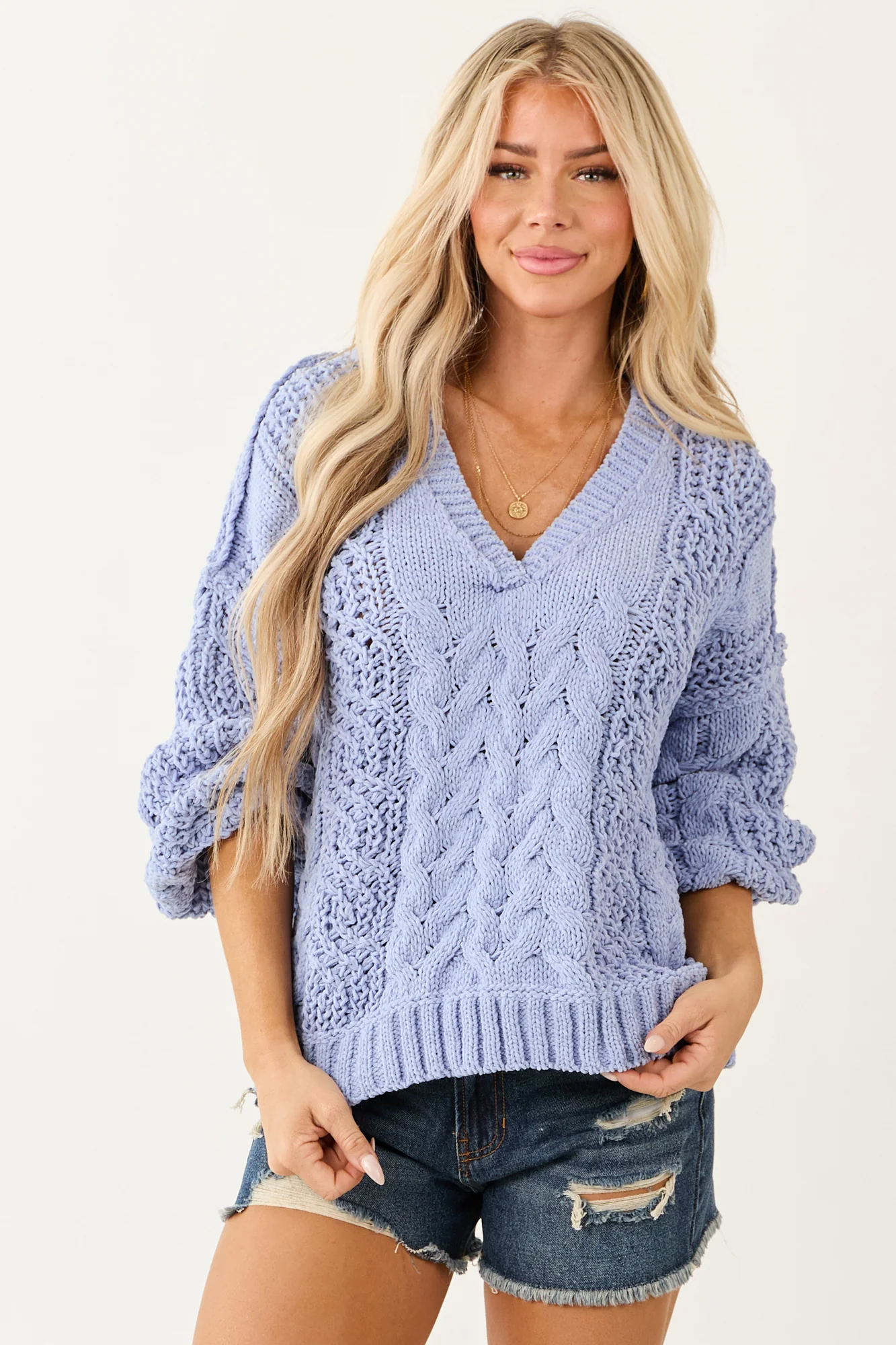 Cornflower Cable Knit Bubble Sleeve Sweater