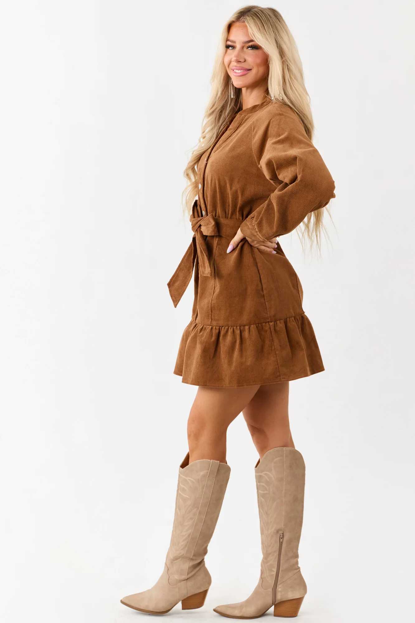 Brown Corduroy Shirt Dress with Waist Tie