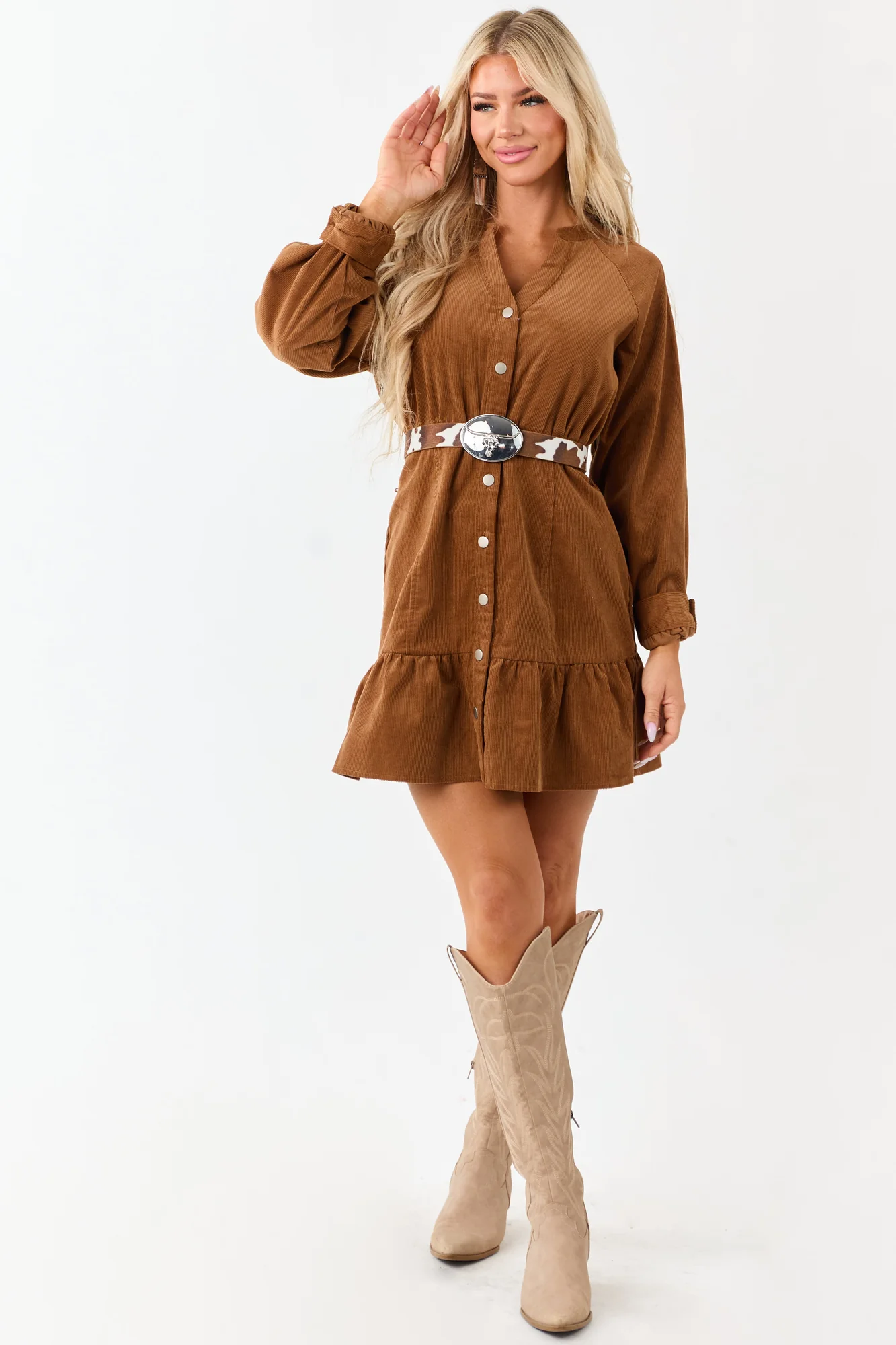 Brown Corduroy Shirt Dress with Waist Tie