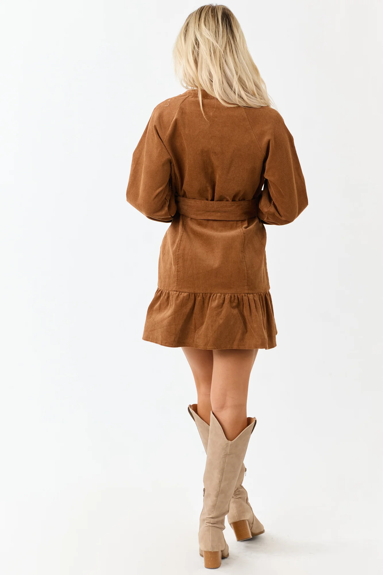Brown Corduroy Shirt Dress with Waist Tie