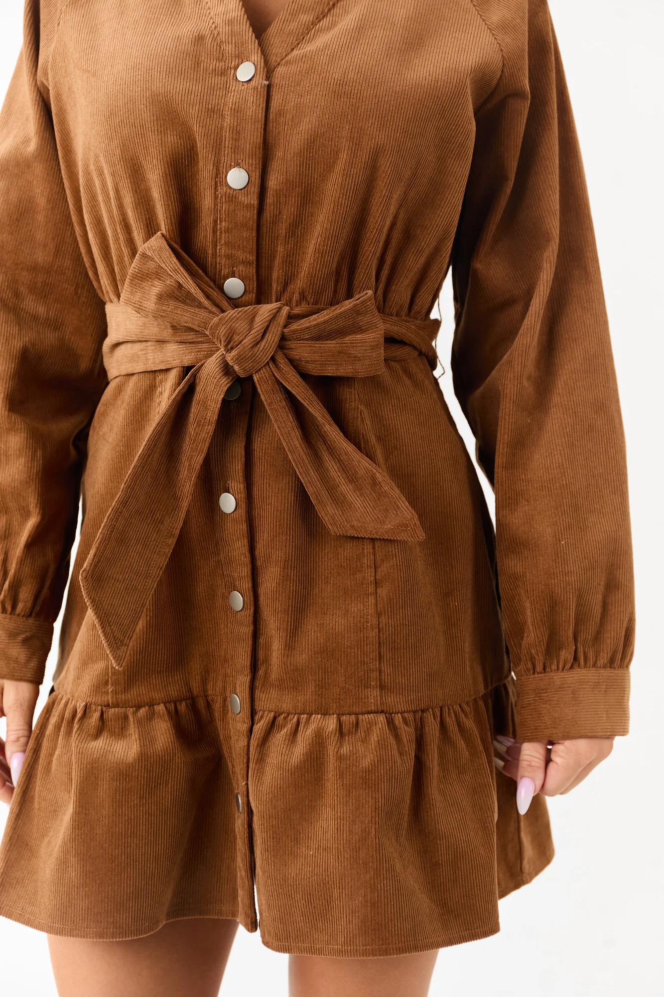 Brown Corduroy Shirt Dress with Waist Tie