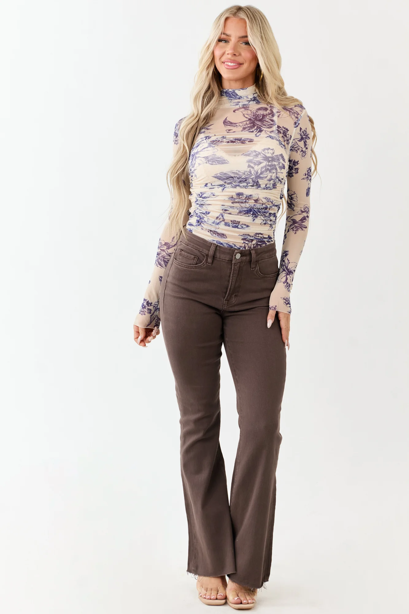 Cream Floral Mesh Ruched Bodysuit