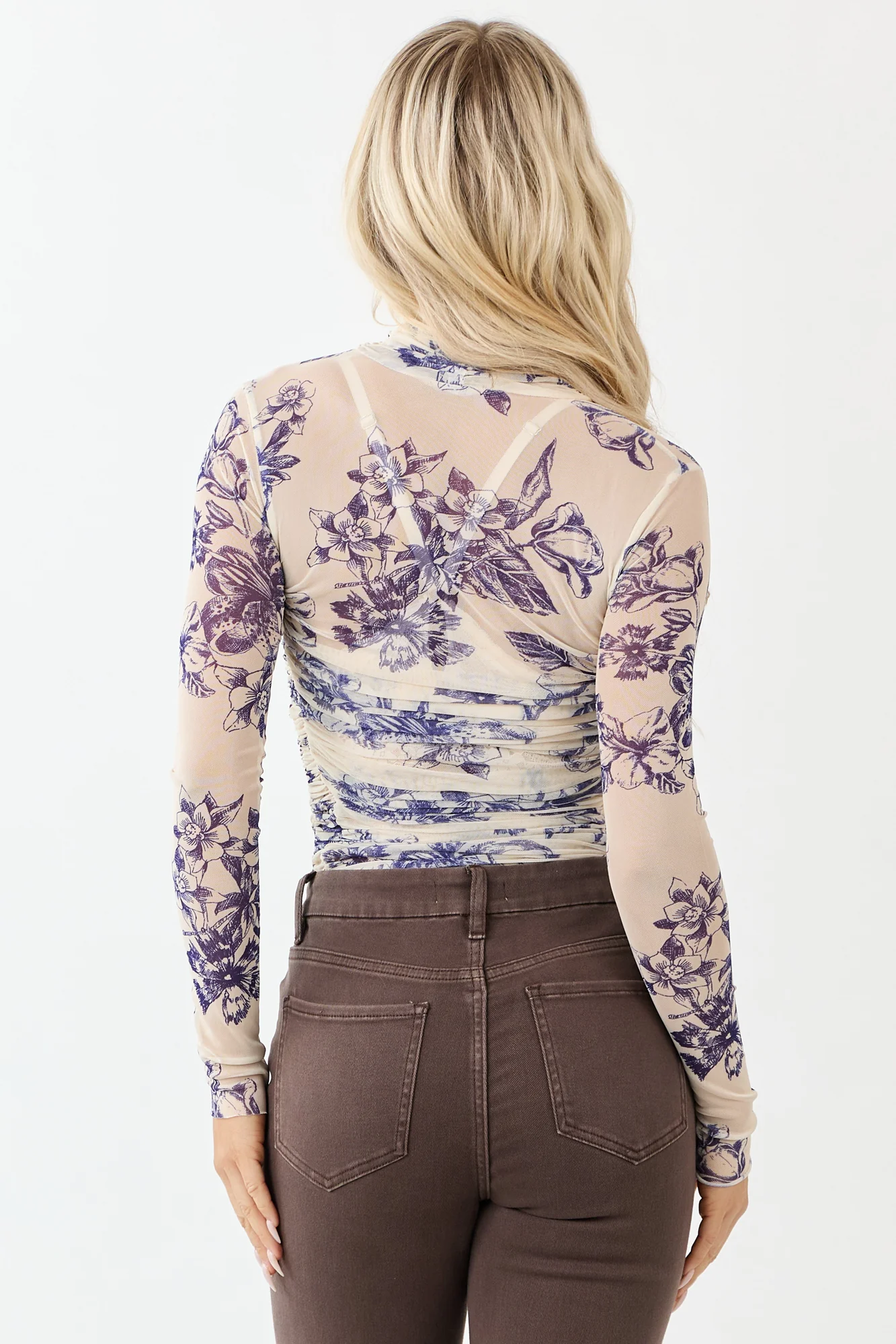 Cream Floral Mesh Ruched Bodysuit