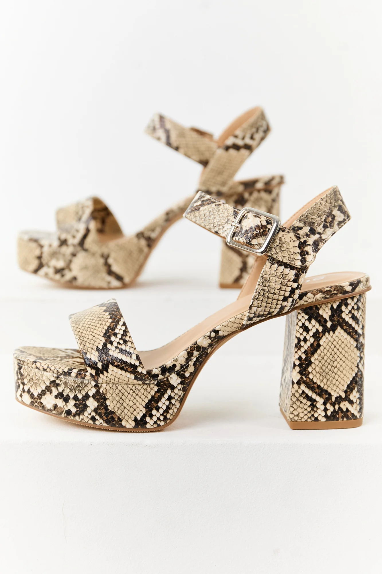 Beige Faux Snakeskin Platform Heels - Square Open Toe Design