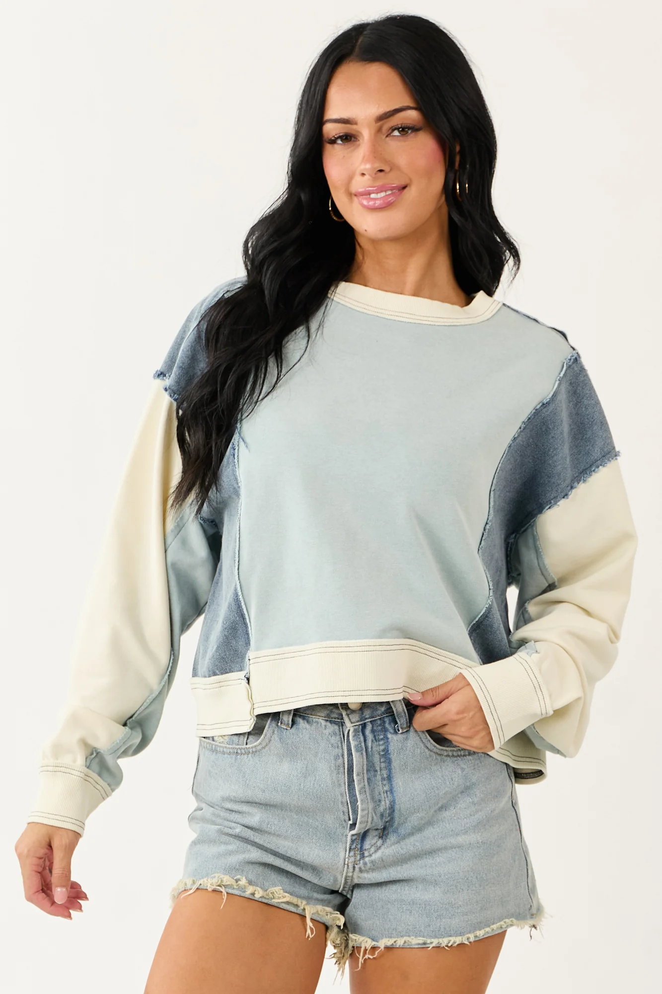 Powder Blue Colorblock Oversized Denim Top