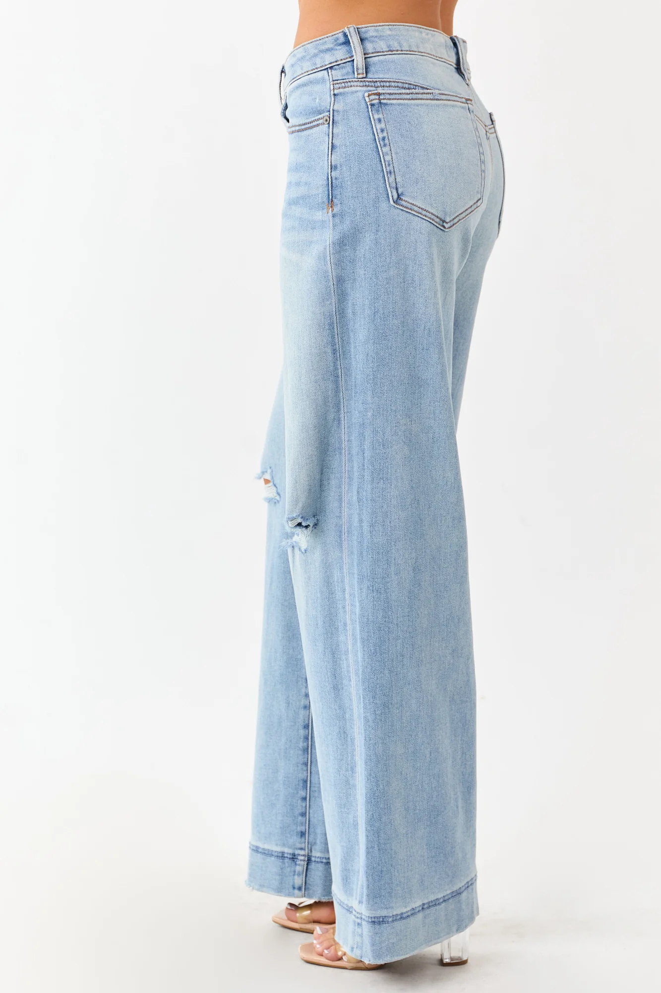 Light Wash Distressed Wide Leg Denim Jeans
