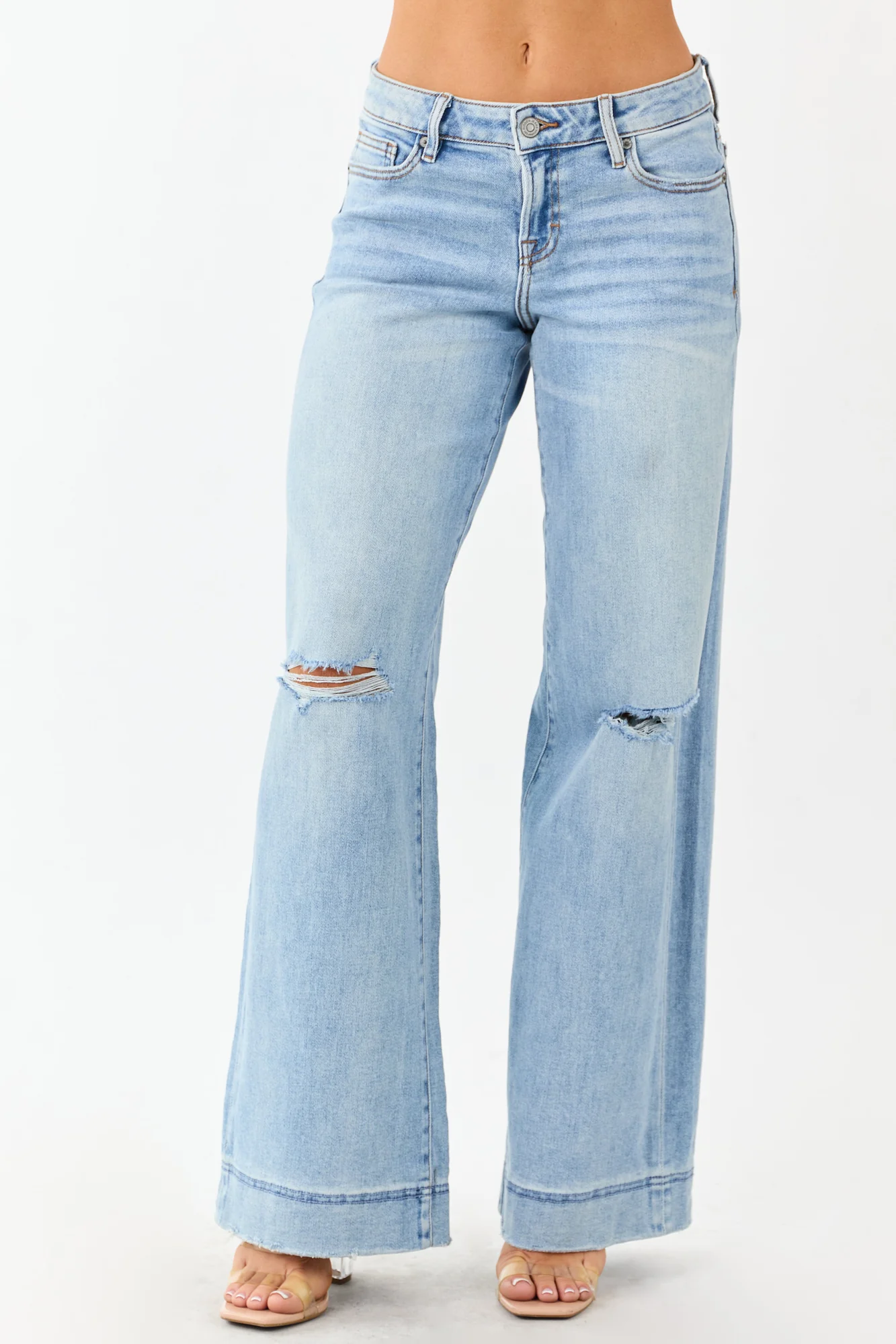 Light Wash Distressed Wide Leg Denim Jeans