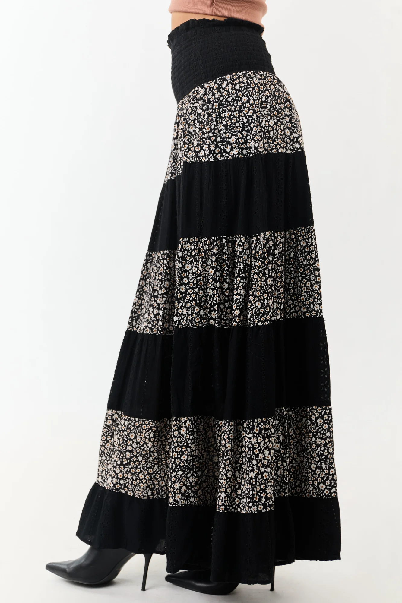 Black Floral Lace Maxi Skirt - Smocked Waistband