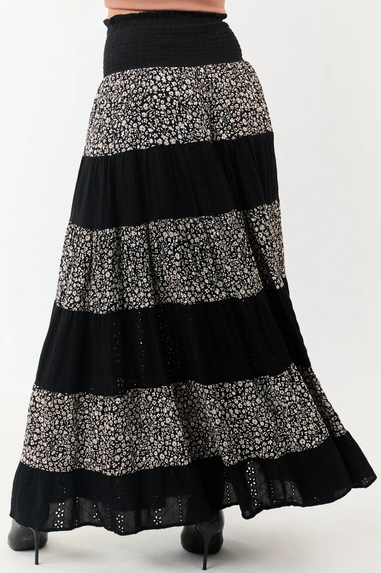 Black Floral Lace Maxi Skirt - Smocked Waistband