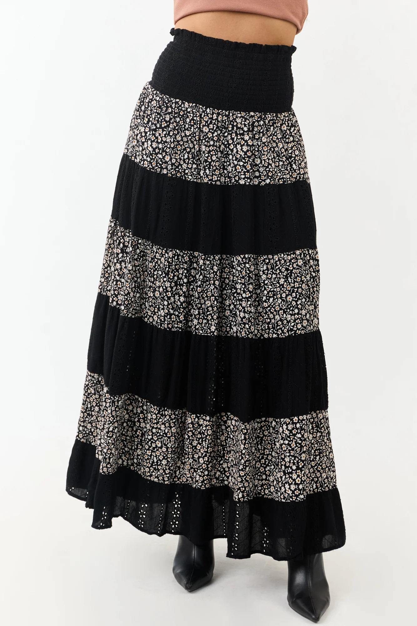 Black Floral Lace Maxi Skirt - Smocked Waistband