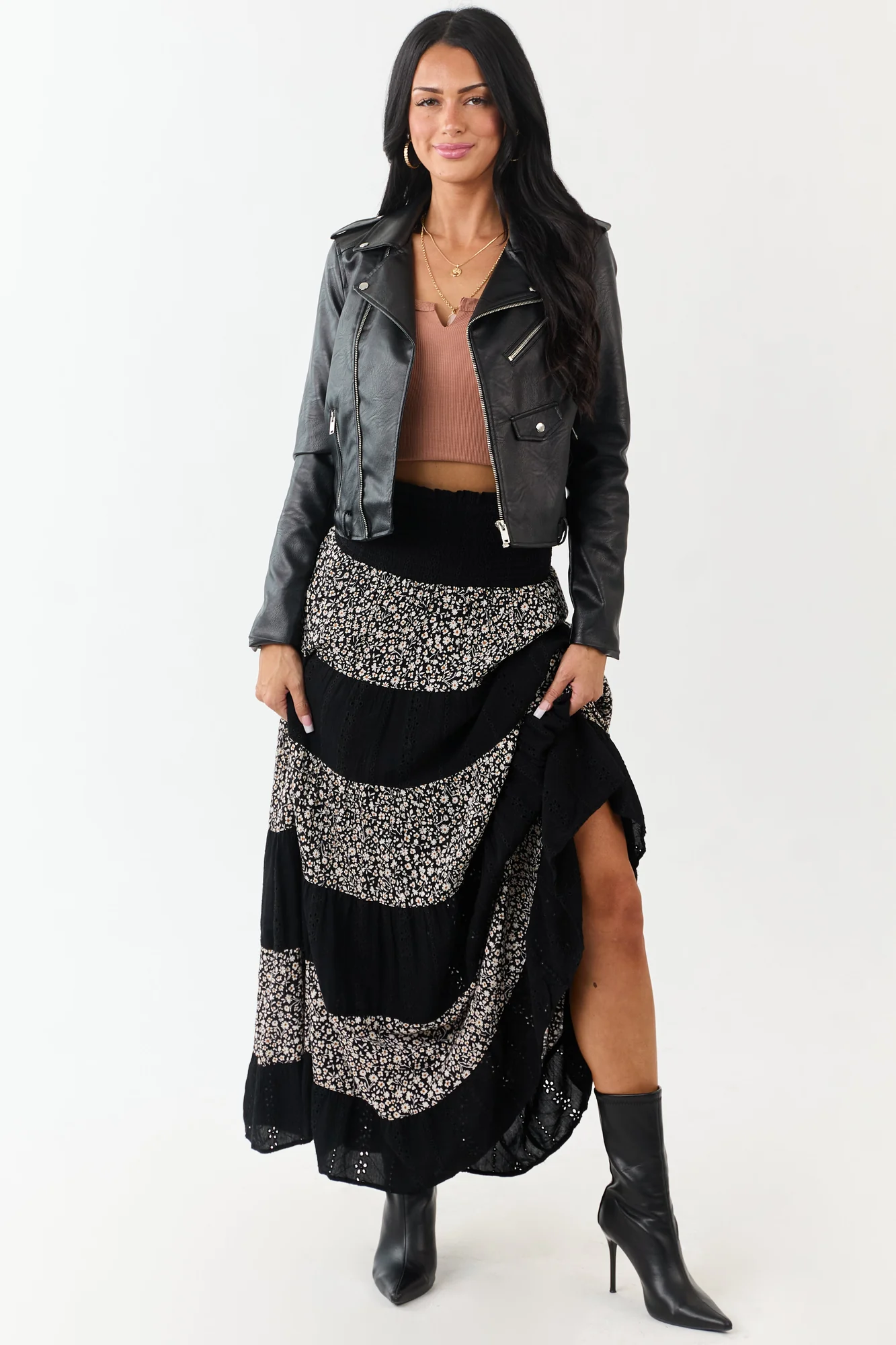 Black Floral Lace Maxi Skirt - Smocked Waistband
