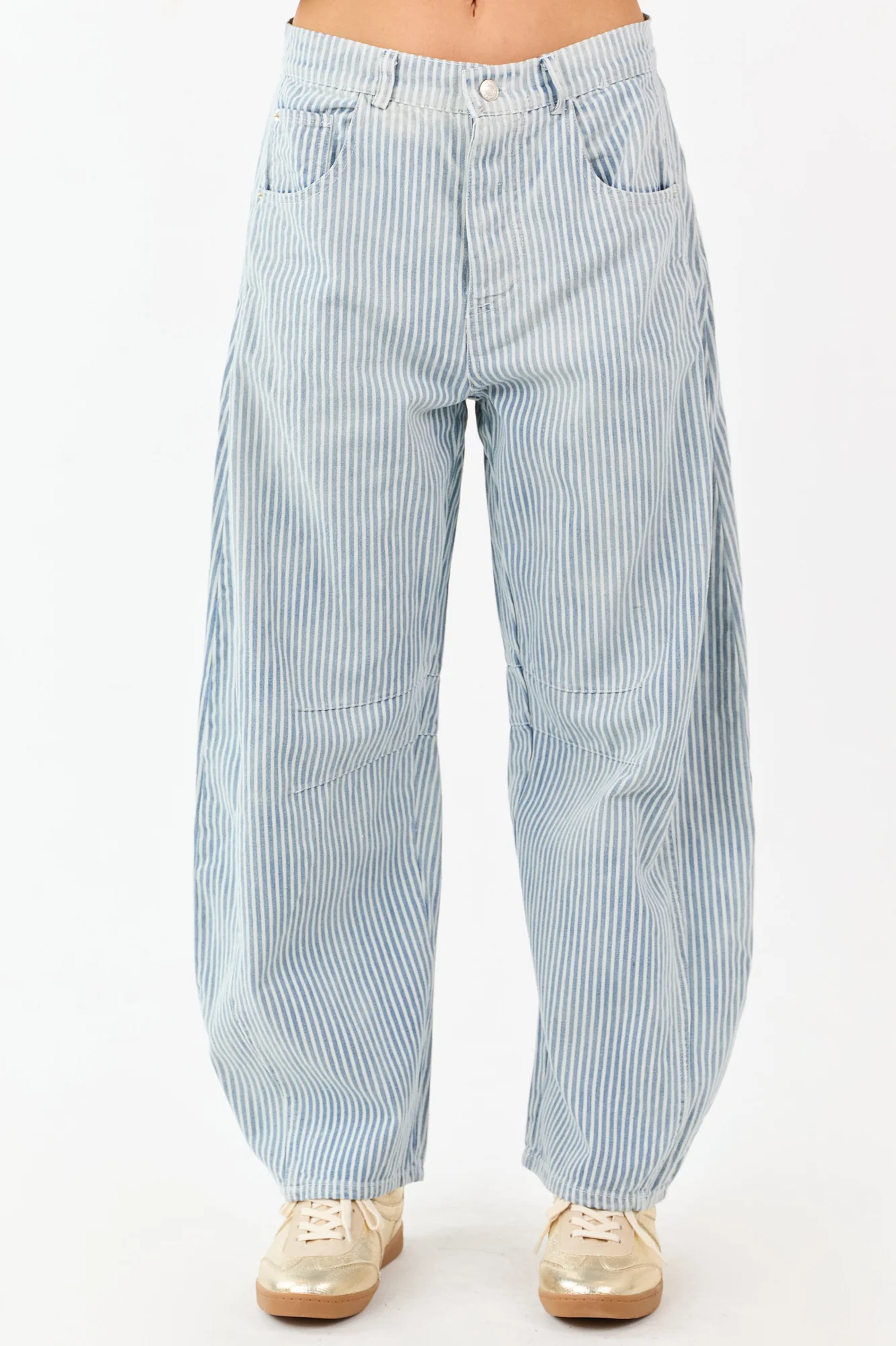Medium Wash Striped Barrel Jeans