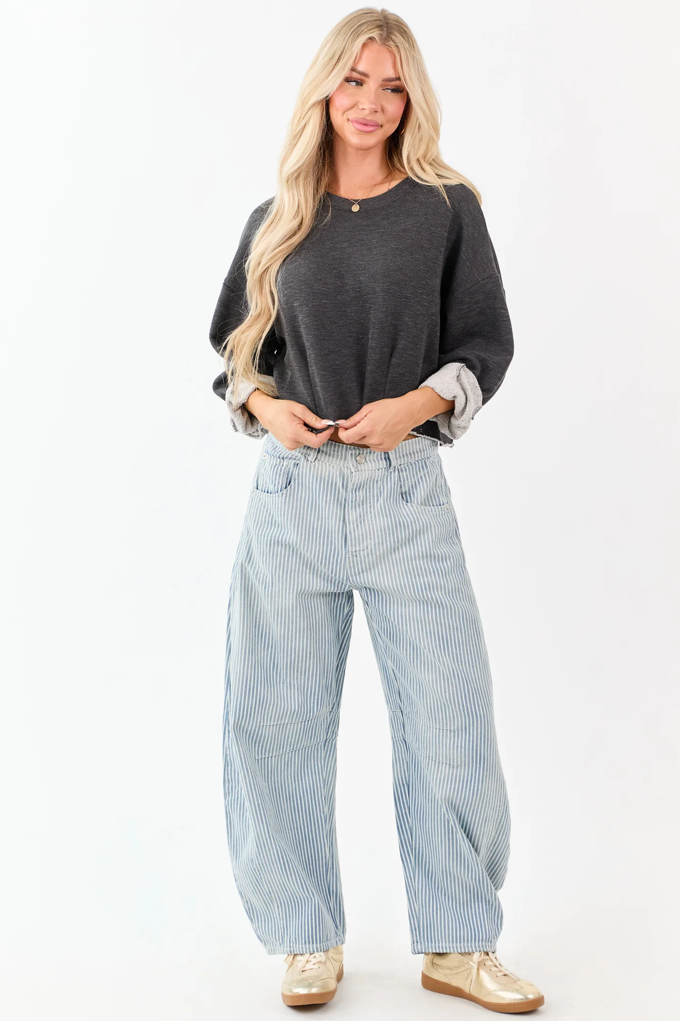 Medium Wash Striped Barrel Jeans