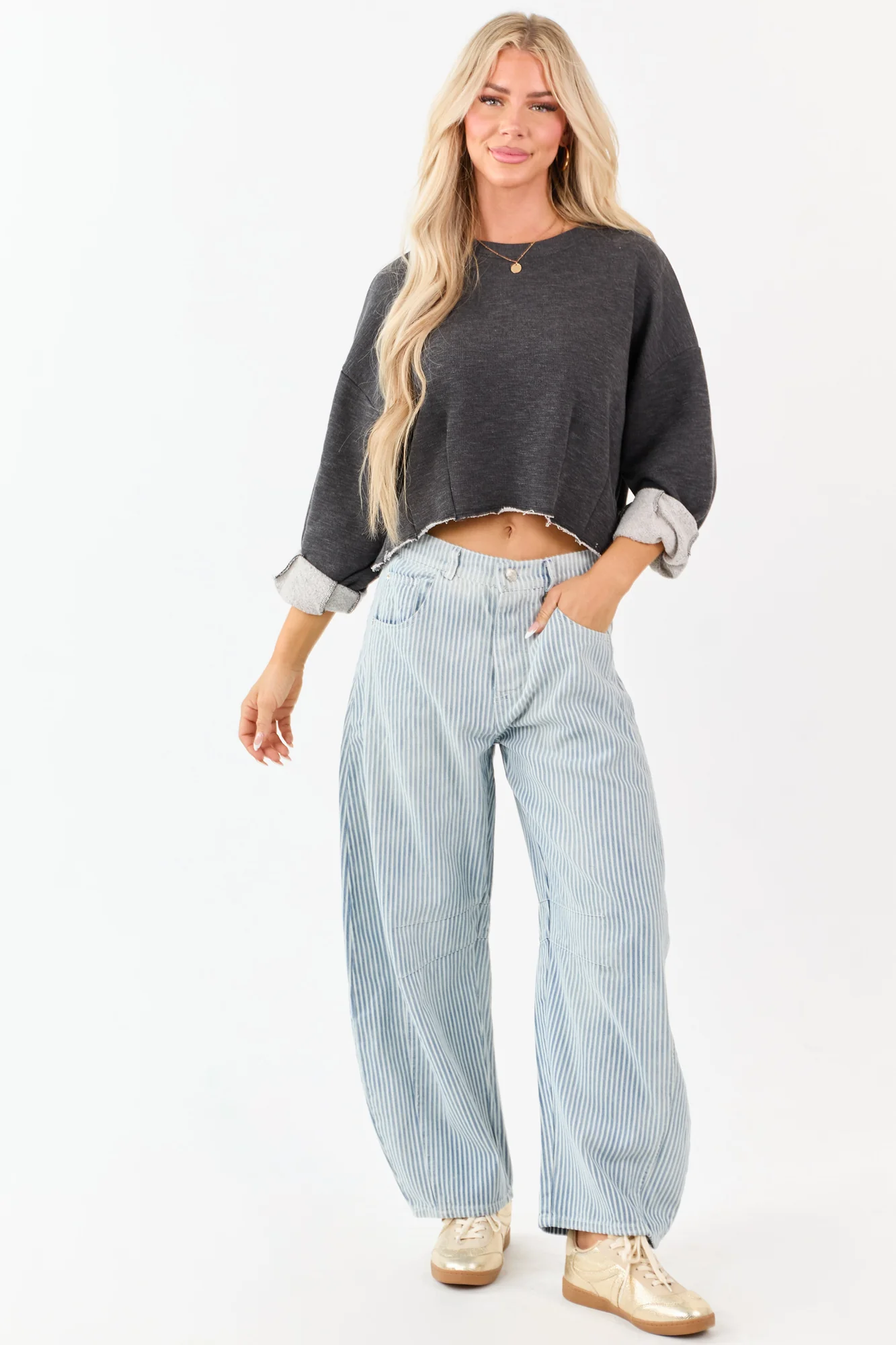 Medium Wash Striped Barrel Jeans