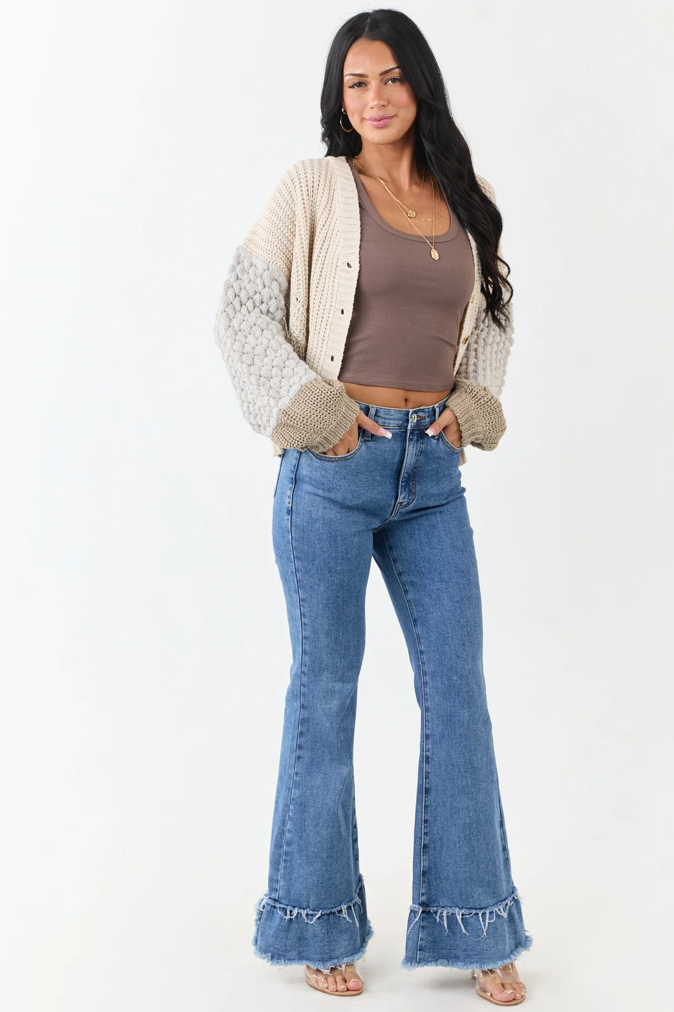 Colorblock Knit Cardigan with Button Down Front