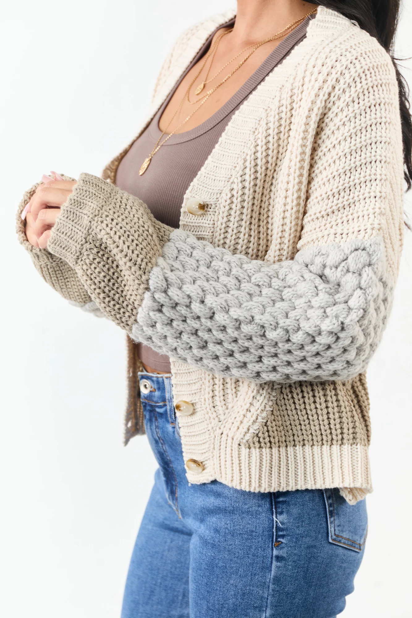 Colorblock Knit Cardigan with Button Down Front