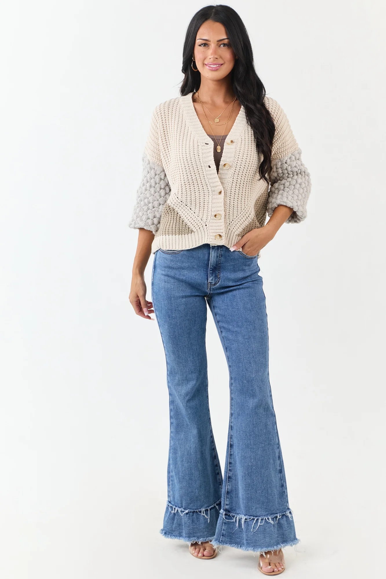 Colorblock Knit Cardigan with Button Down Front