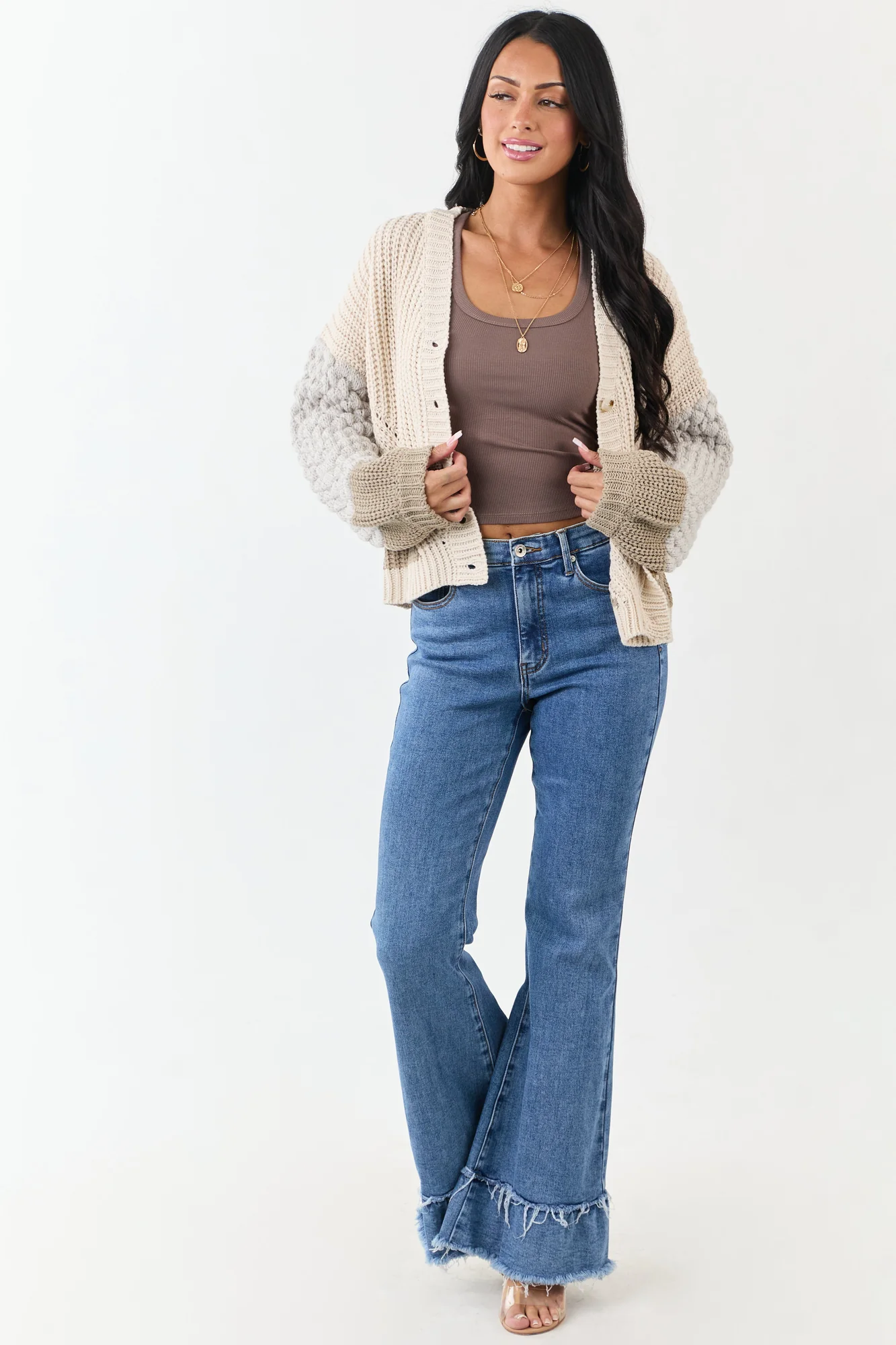 Colorblock Knit Cardigan with Button Down Front