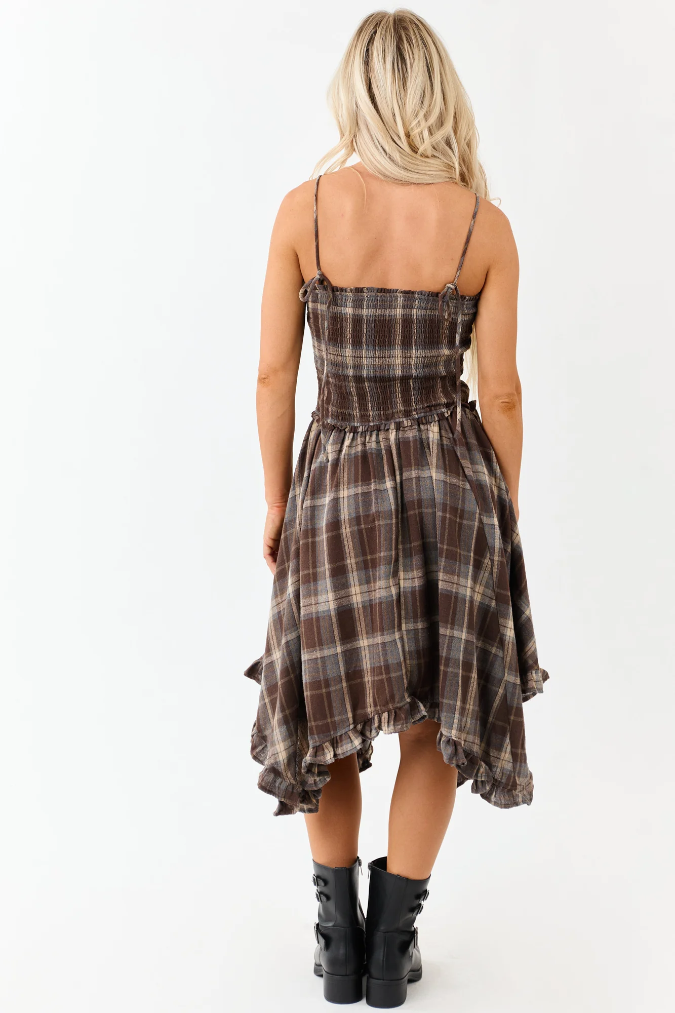 Plaid Handkerchief Hem Sleeveless Midi Dress in Almond, Latte, Beige, Dusty Blue
