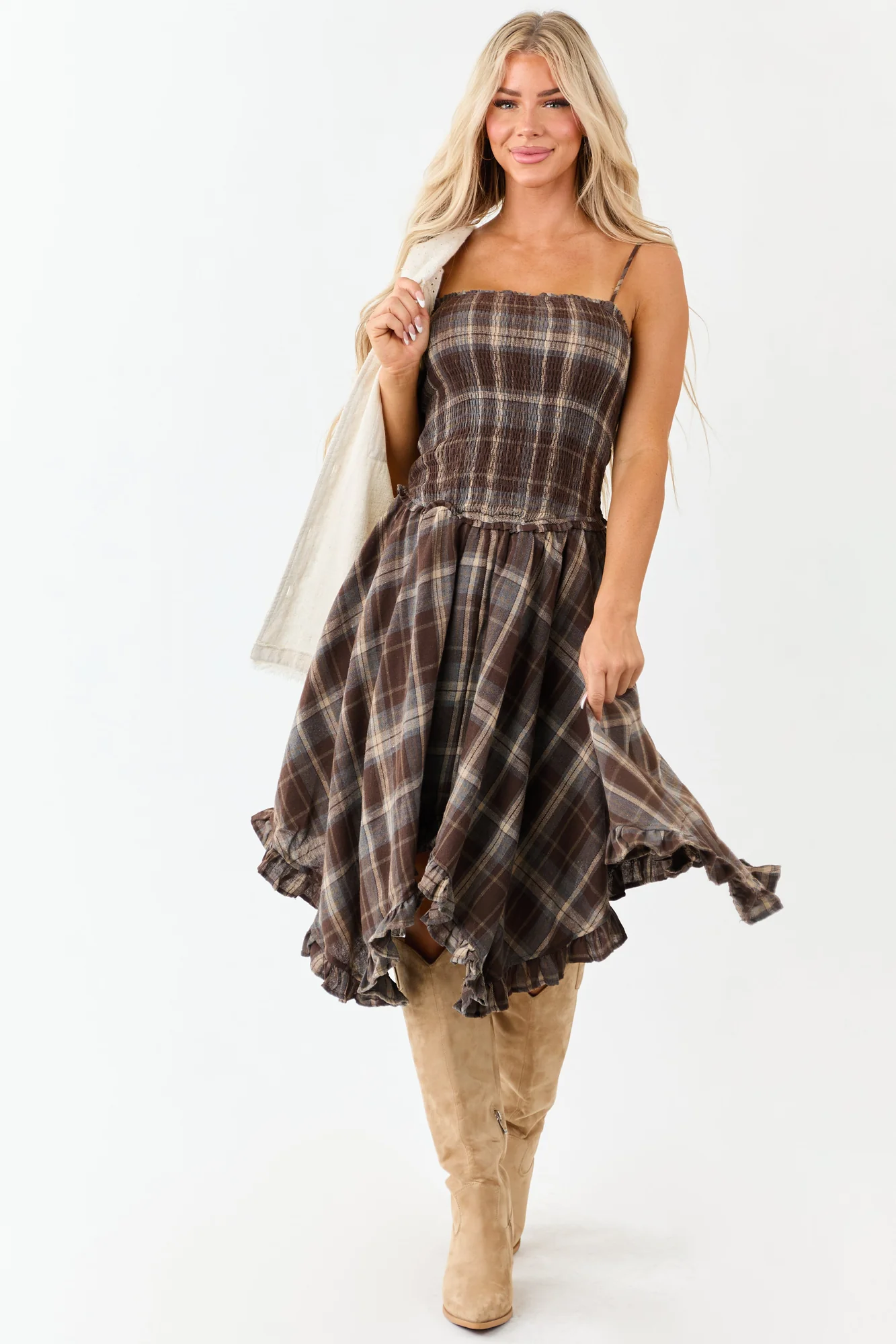 Plaid Handkerchief Hem Sleeveless Midi Dress in Almond, Latte, Beige, Dusty Blue