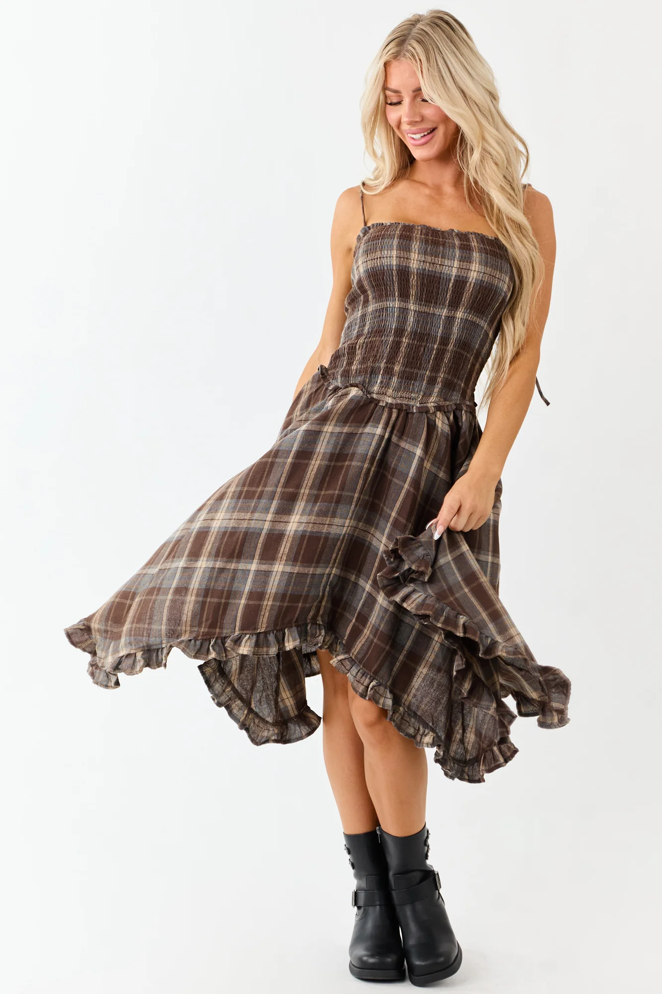 Plaid Handkerchief Hem Sleeveless Midi Dress in Almond, Latte, Beige, Dusty Blue