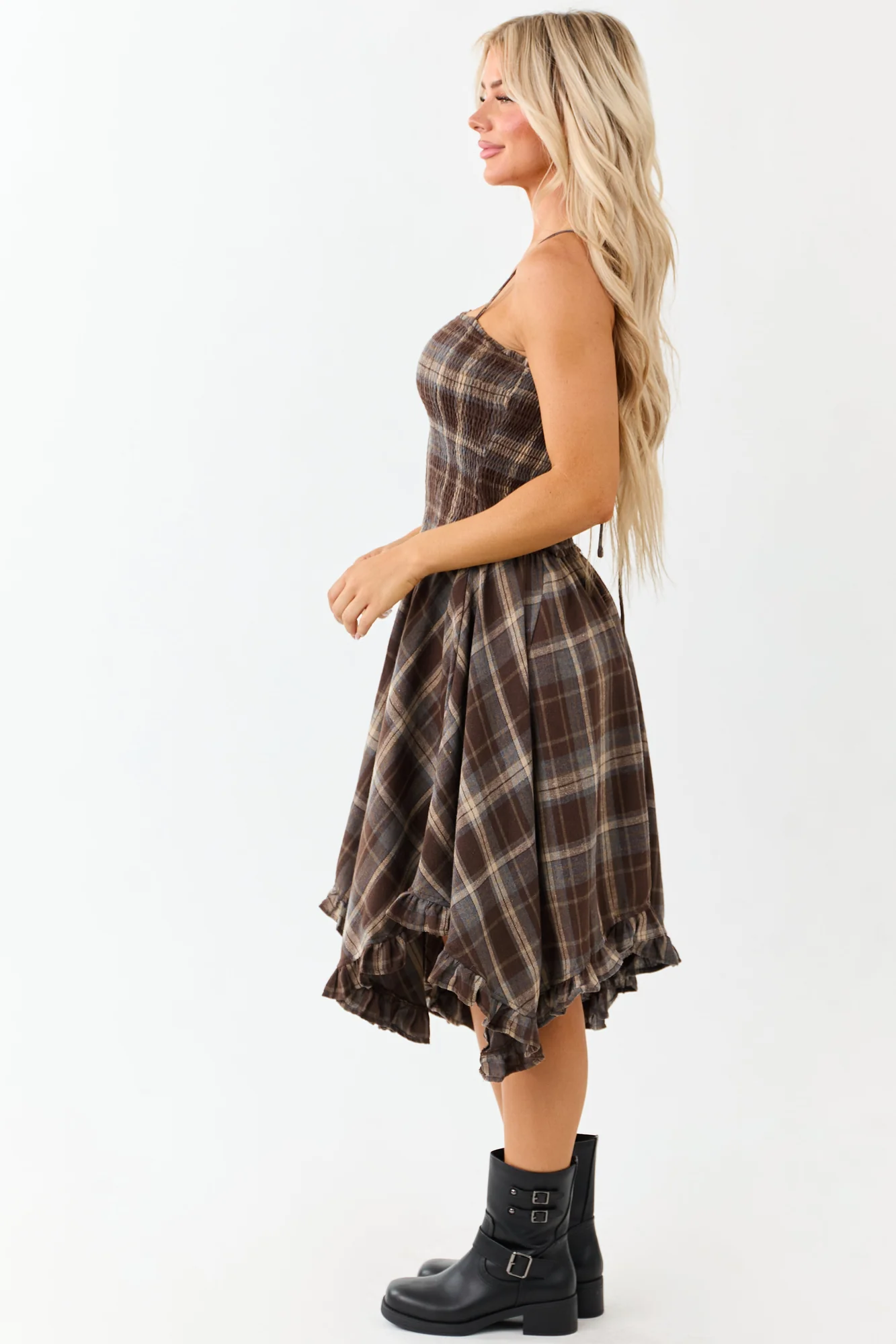 Plaid Handkerchief Hem Sleeveless Midi Dress in Almond, Latte, Beige, Dusty Blue