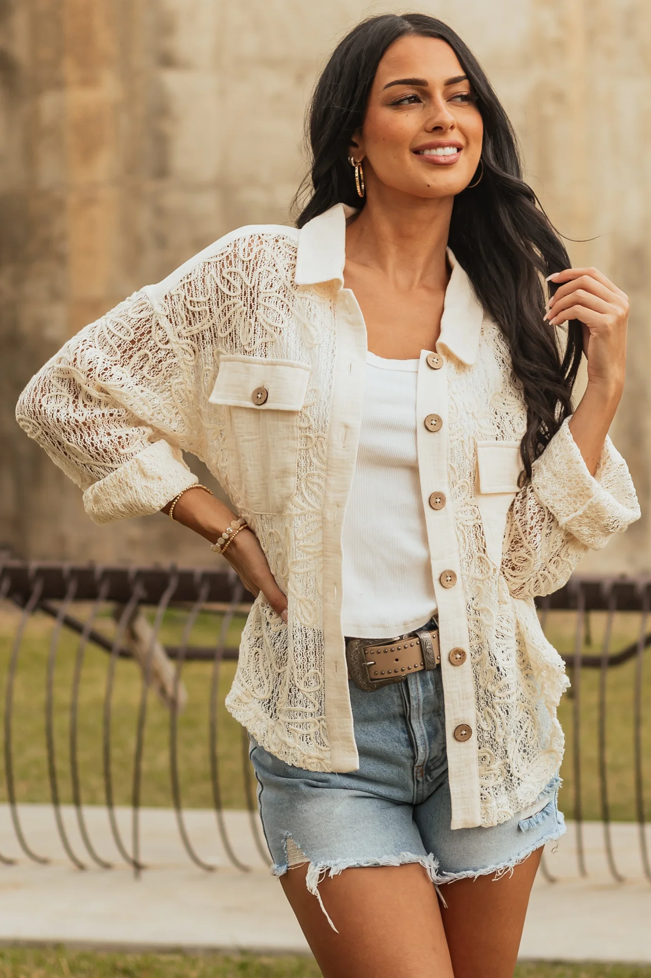 Cream Floral Knit Shacket with 3D Accents