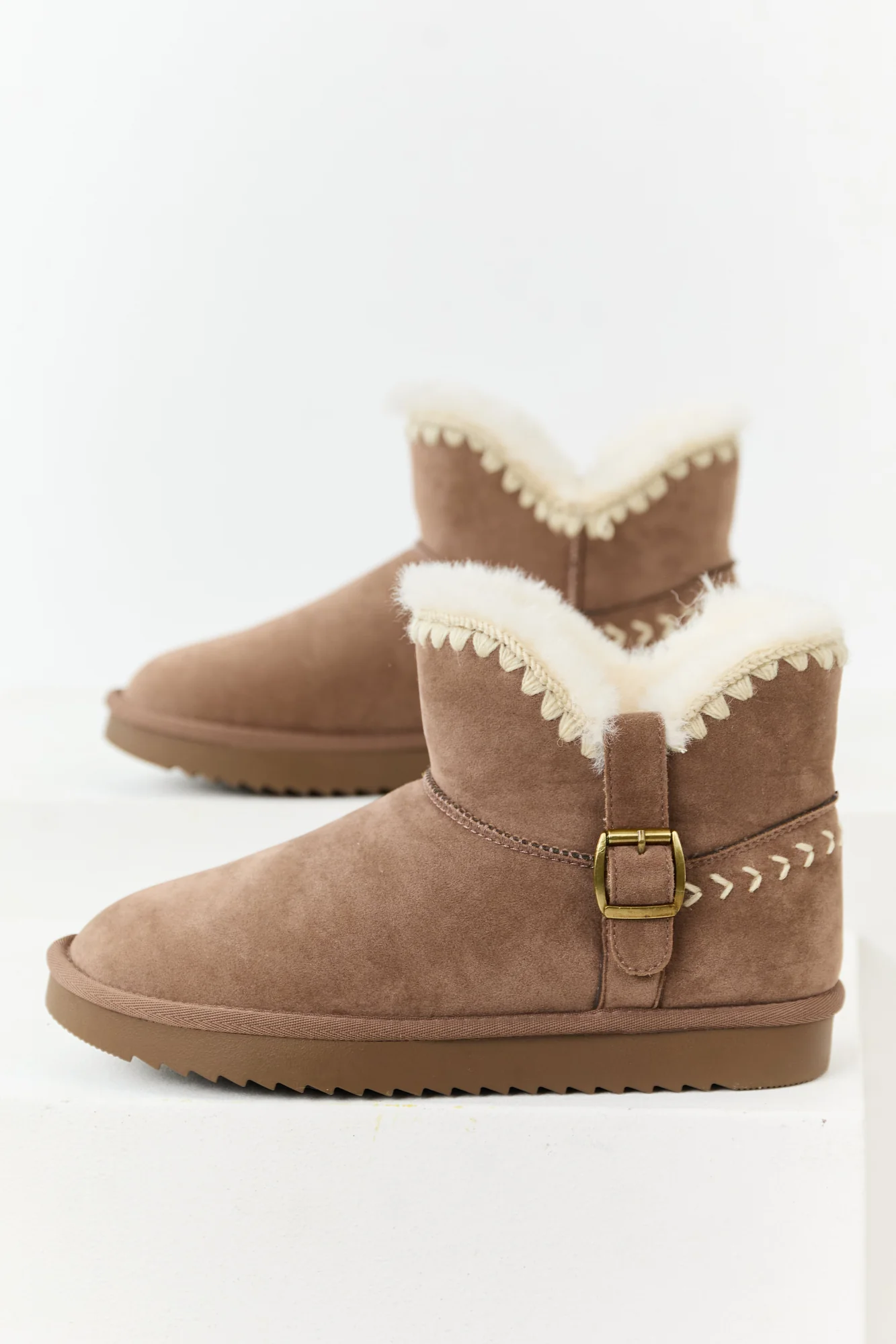 Cream Faux Suede Buckle Winter Booties