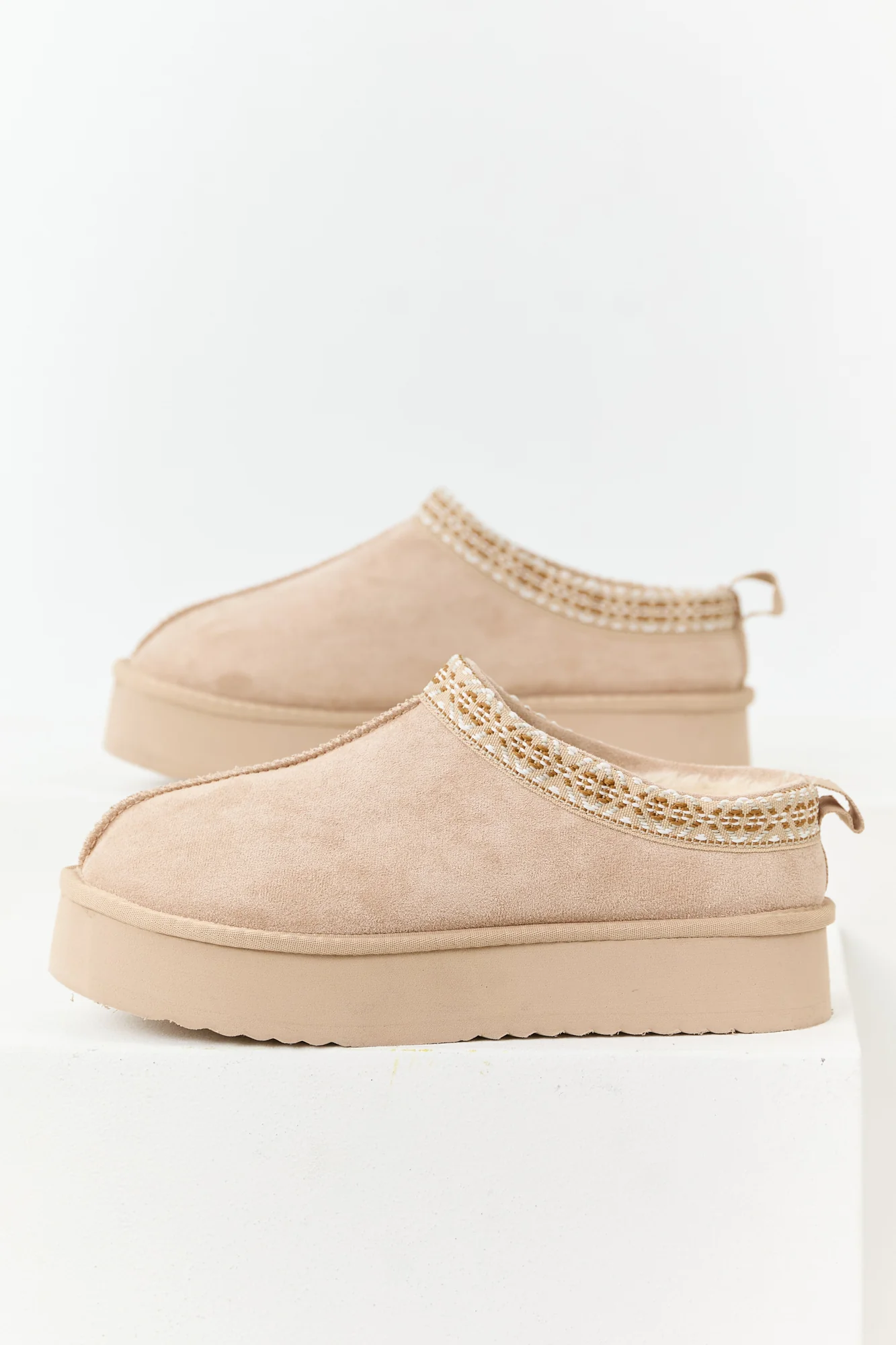 Faux Suede Fur Lined Platform Slippers - Desert Sand