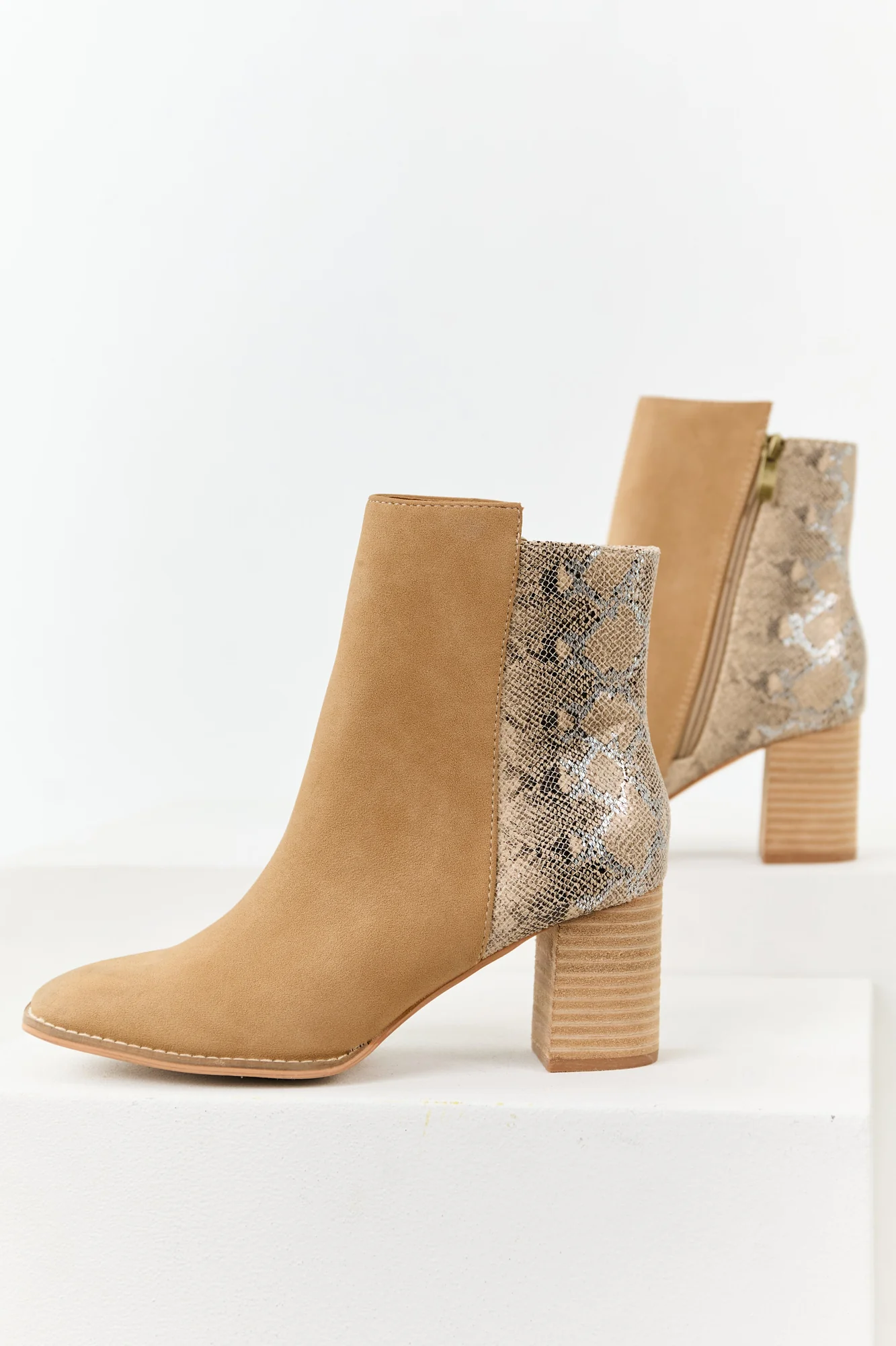 Block Heel Booties in Peanut Faux Snakeskin | Womens Chunky Heeled Shoes