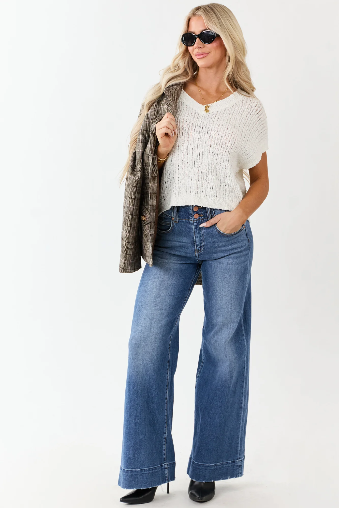 Ivory V-Neck Cotton Sweater for Women