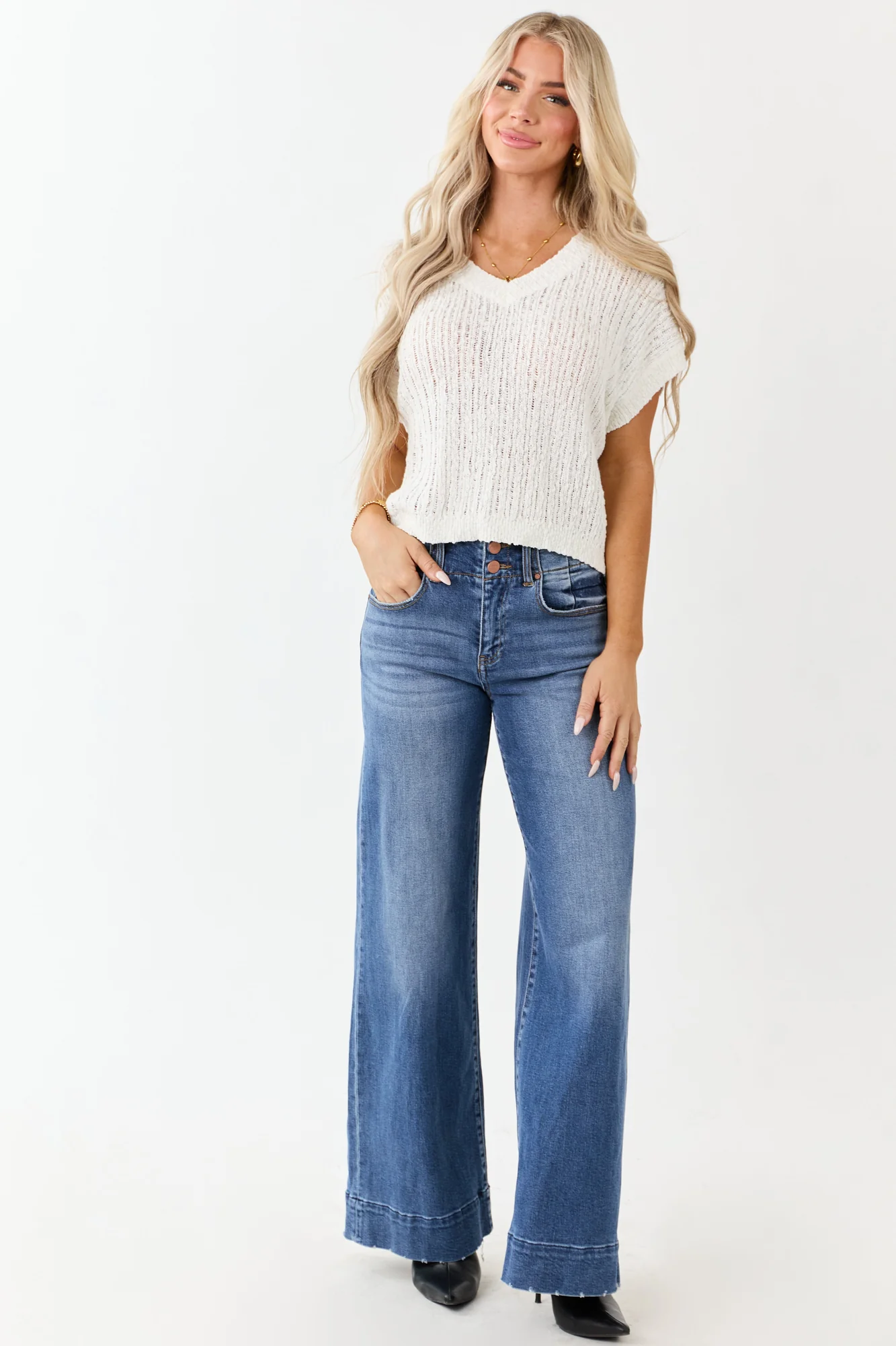 Ivory V-Neck Cotton Sweater for Women