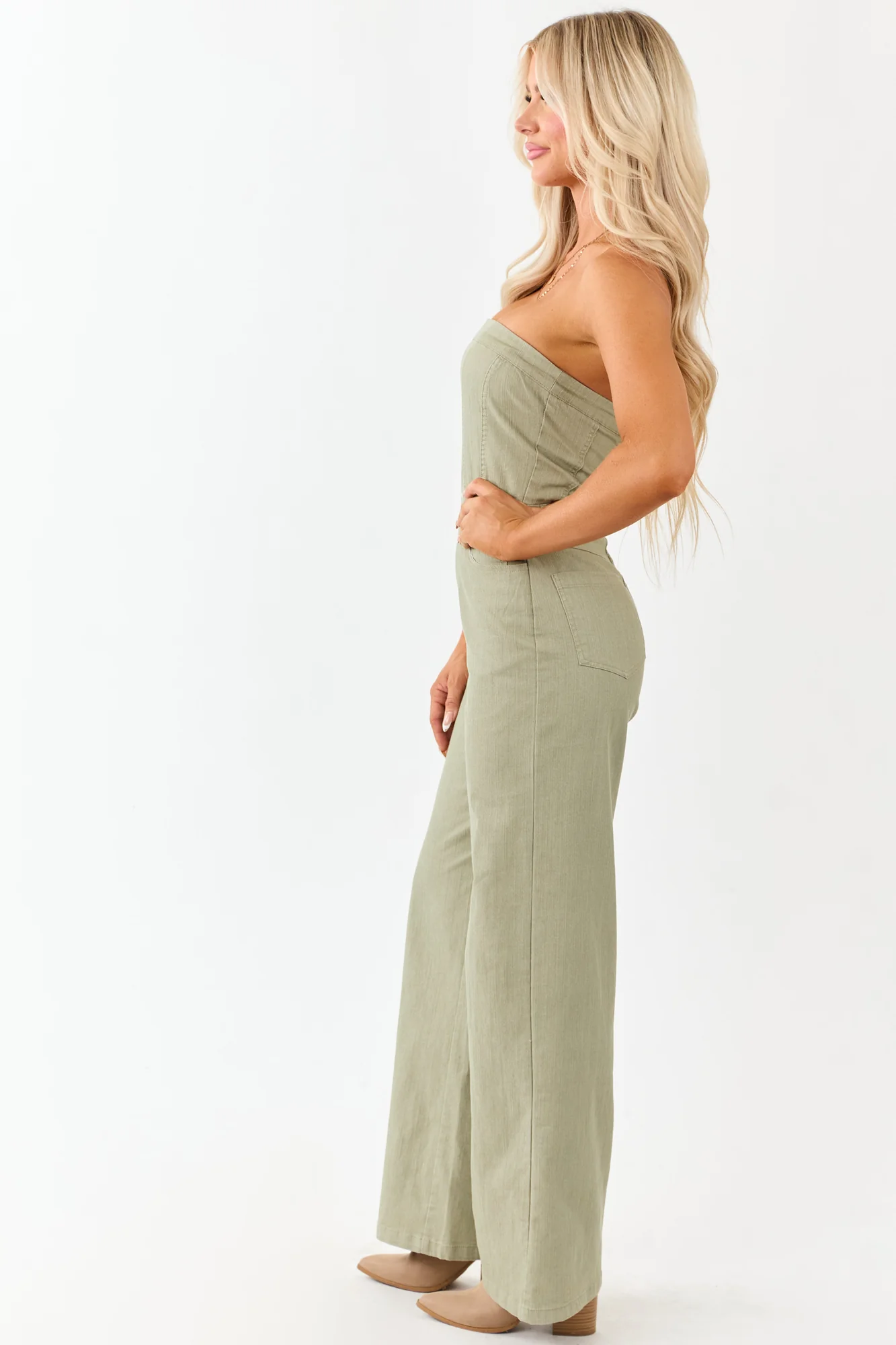 Olive Wide Leg Denim Jumpsuit with Strapless Neckline