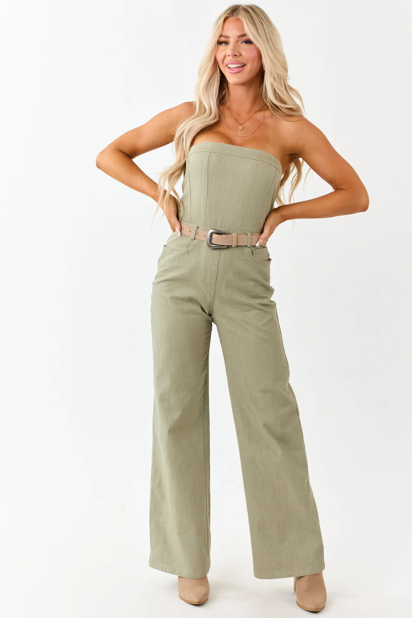 Olive Wide Leg Denim Jumpsuit with Strapless Neckline